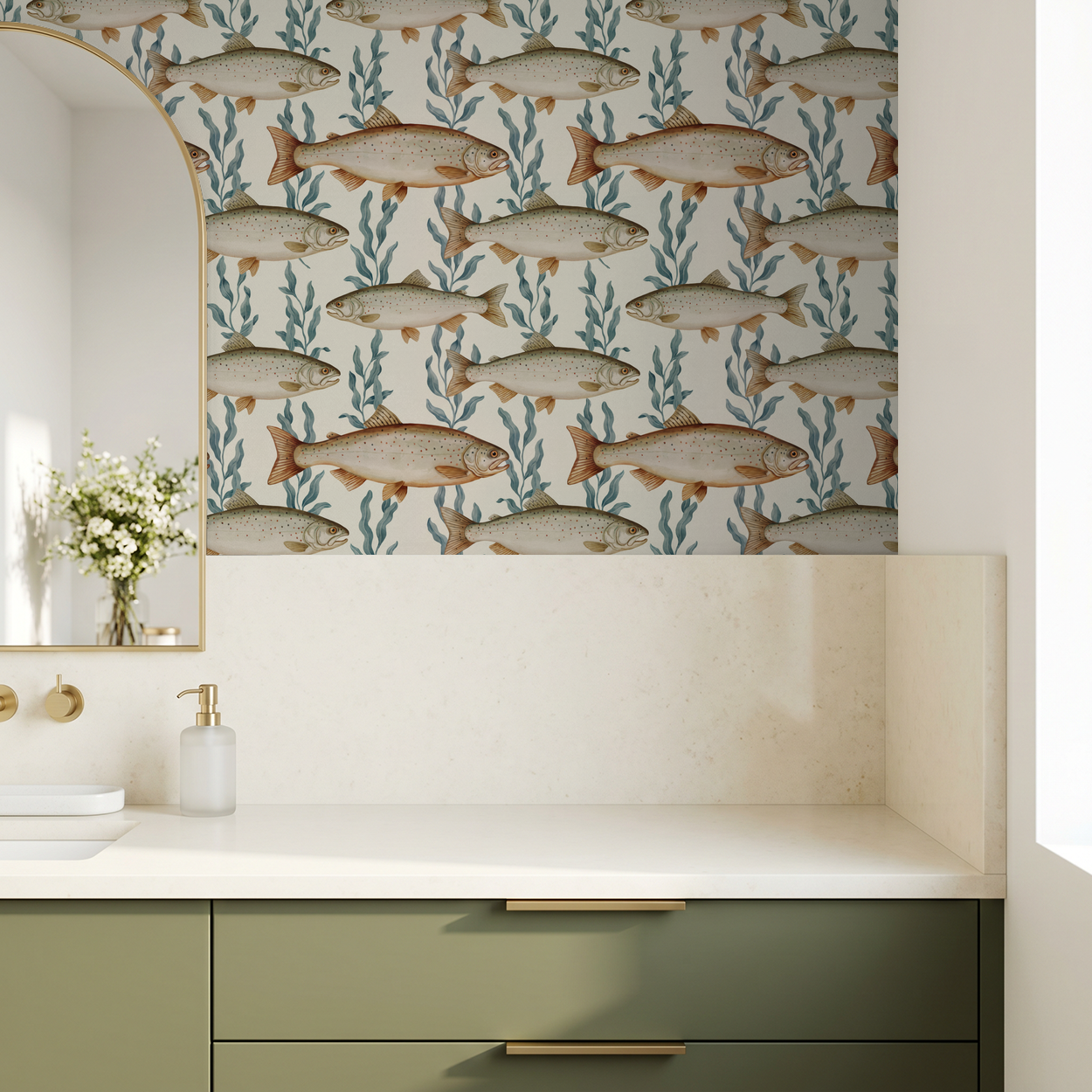 Fish and seaweed wallpaper in a modern bathroom with cream and green decor.