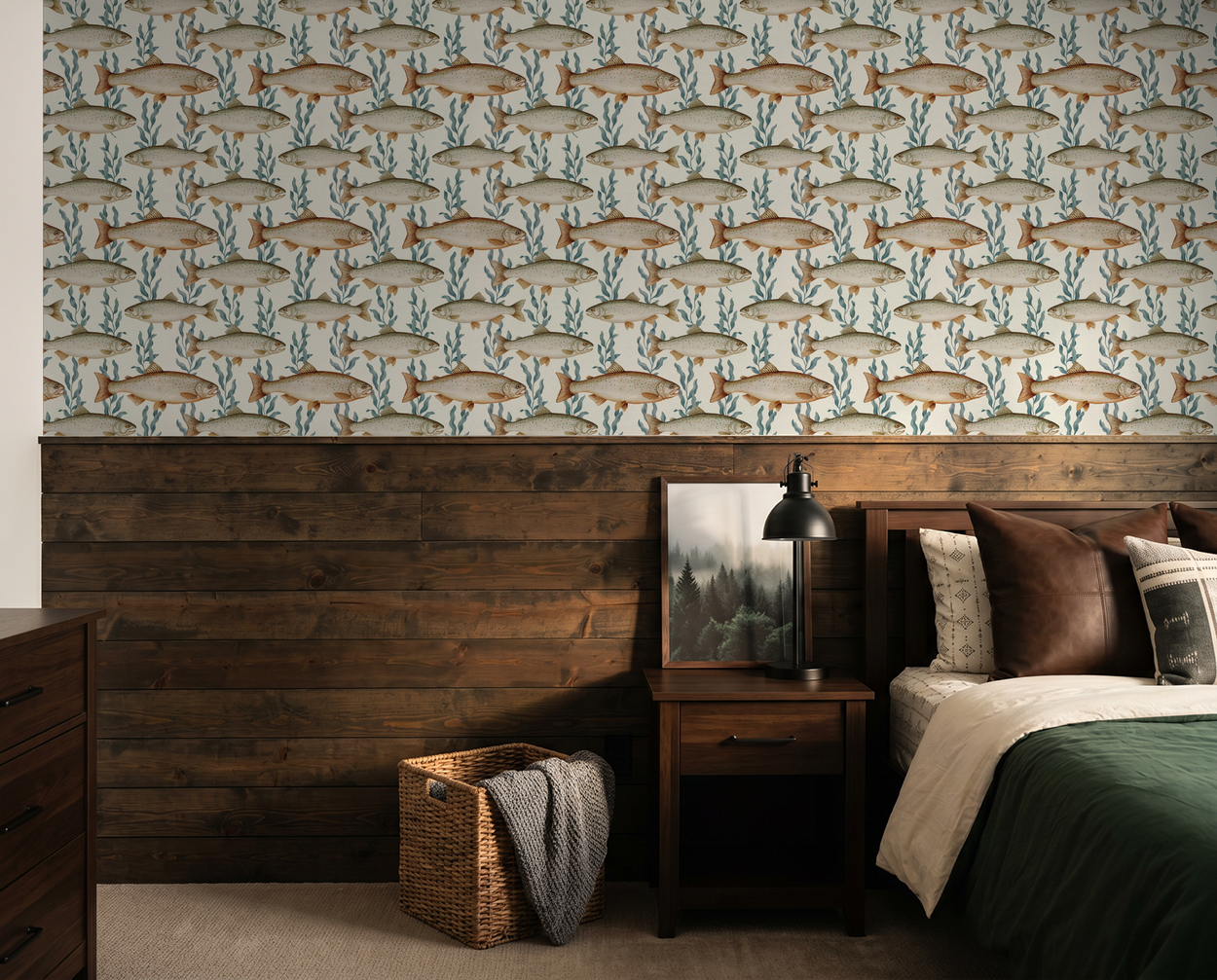 Fish and seaweed wallpaper in rustic bedroom with wood paneling.