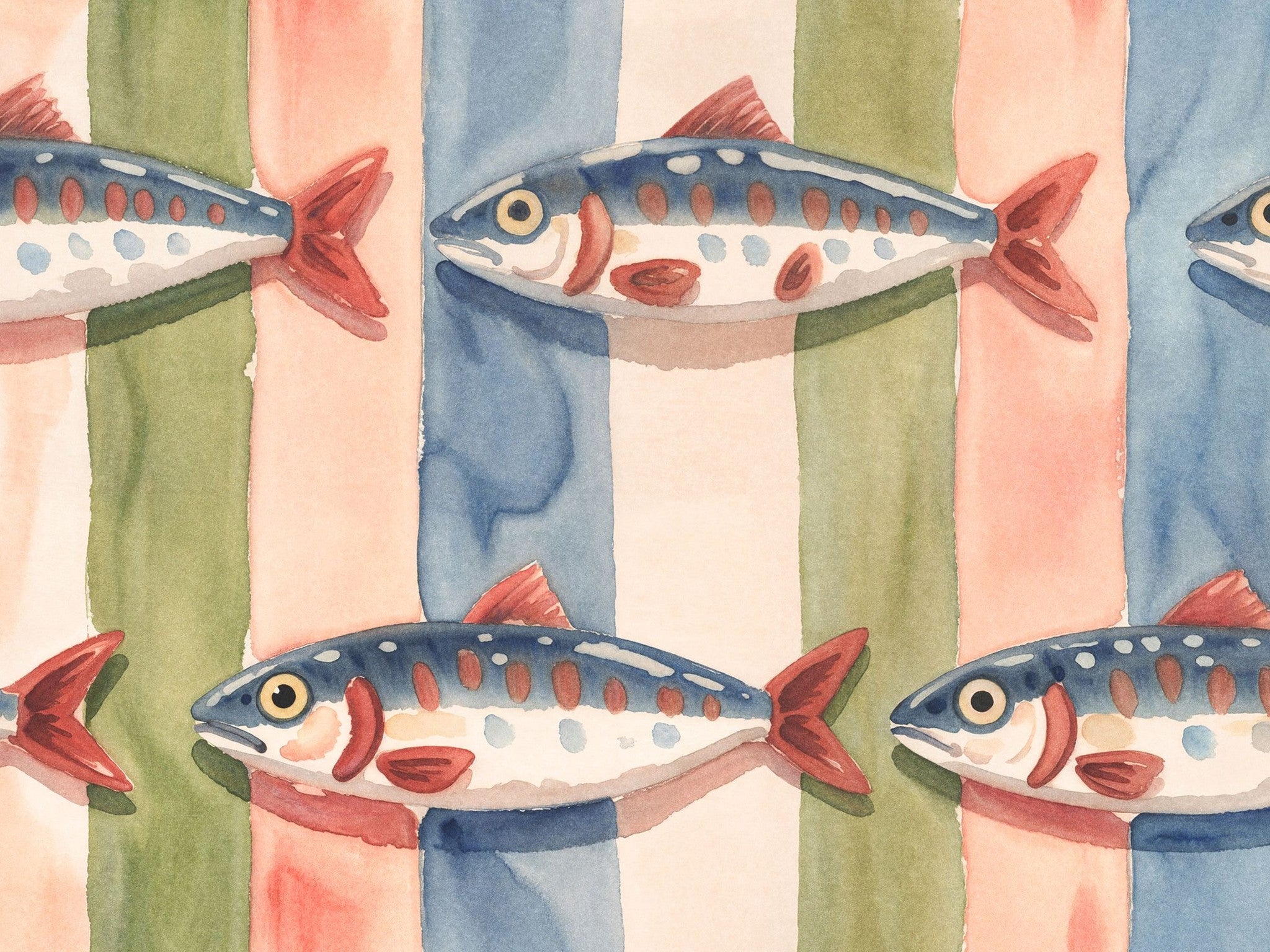 Fish and watercolor stripes wallpaper in blue, green, coral tones.