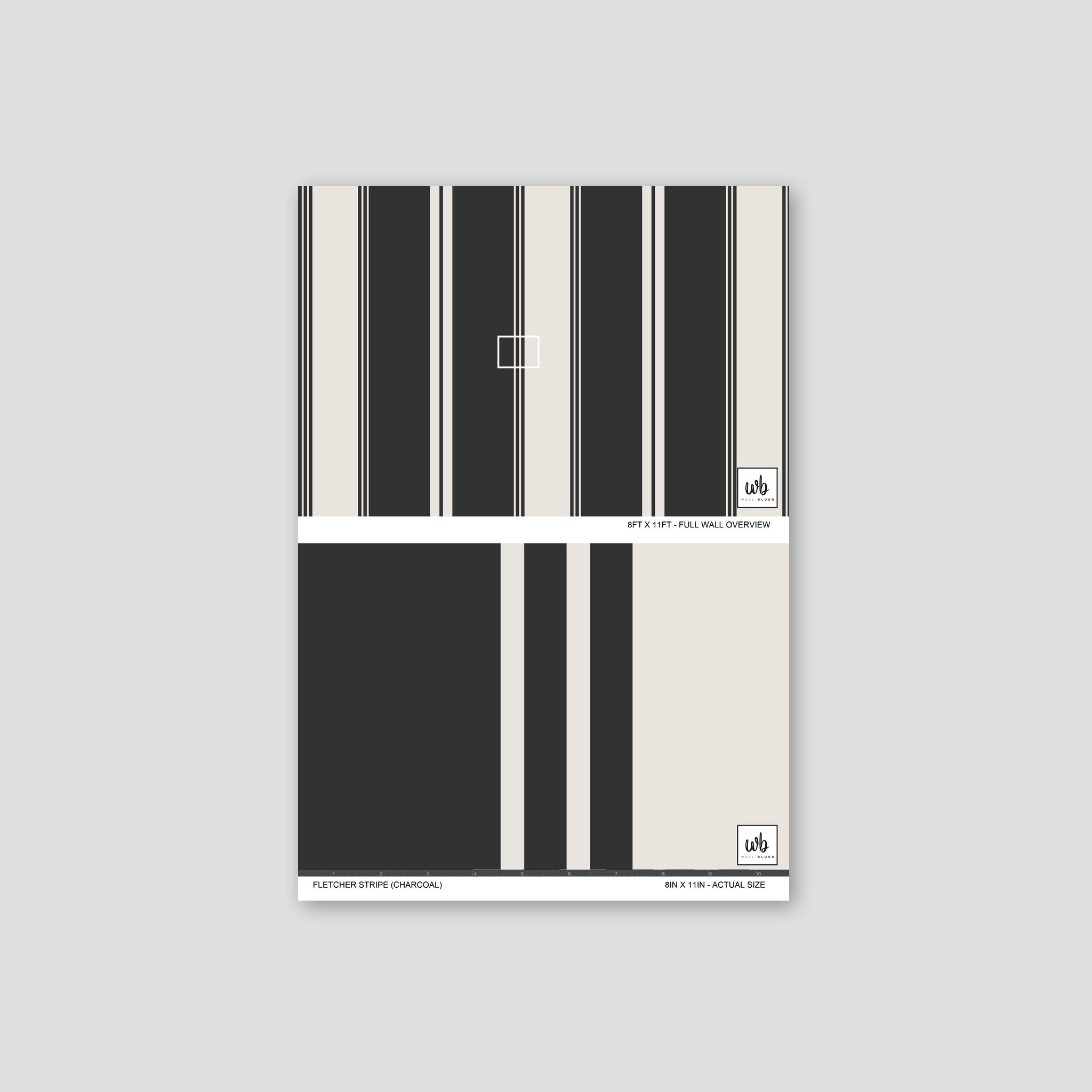 Fletcher Stripe Charcoal wallpaper sample with bold black and cream stripes.