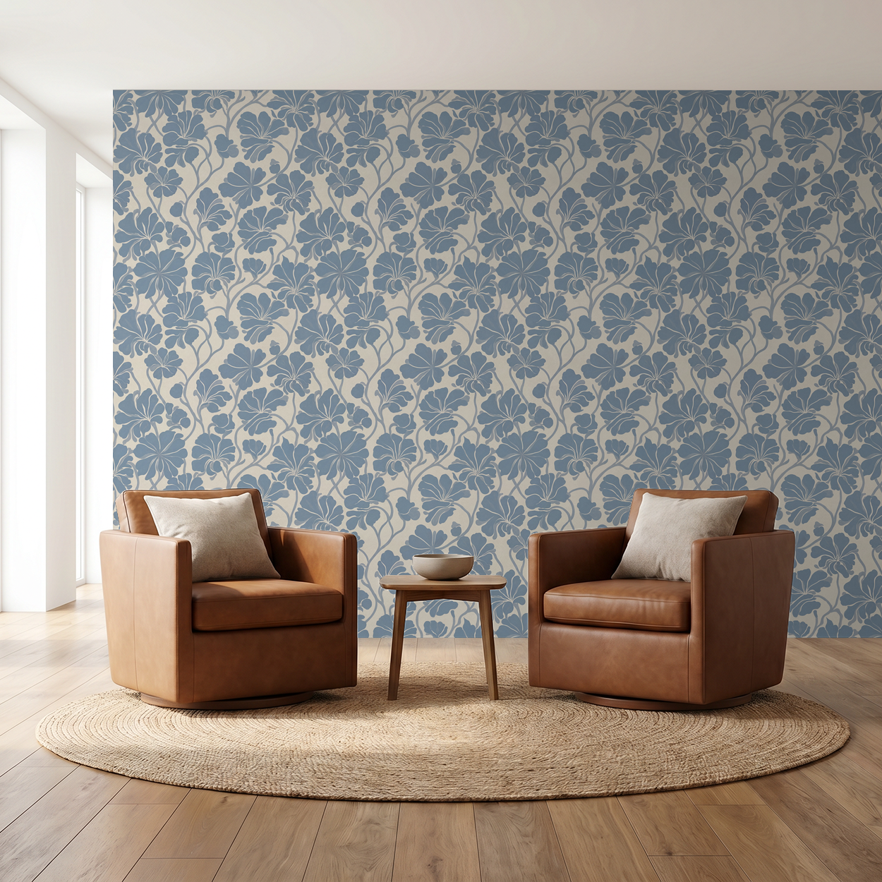 Soft blue floral wallpaper in modern living room with brown chairs.
