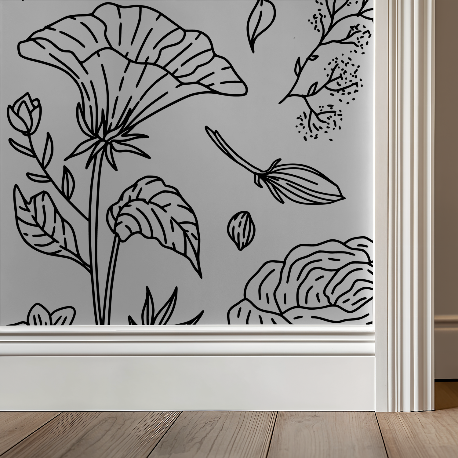 Monochrome floral wallpaper with black lineart flowers and leaves in a modern room.