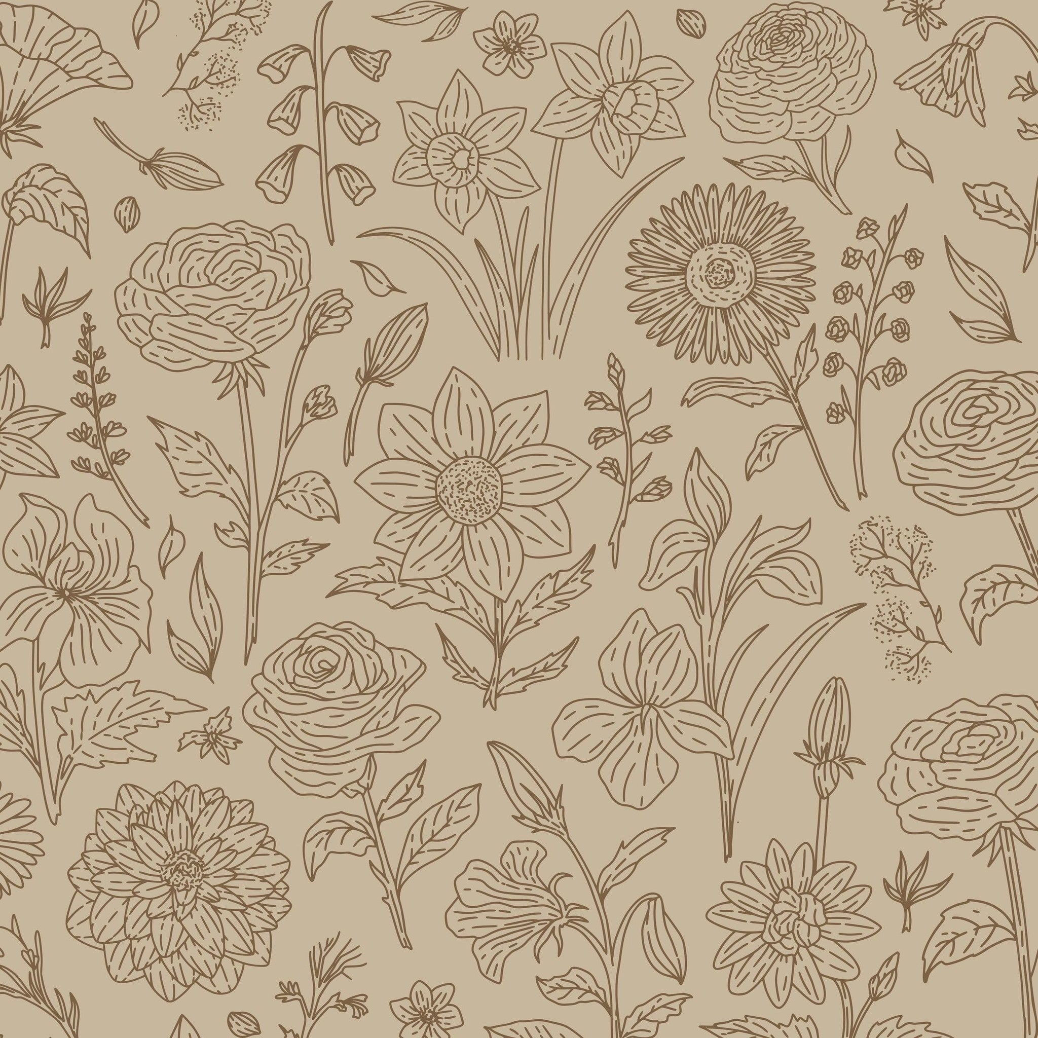 Floral wallpaper with sepia linework on tan background featuring roses and wildflowers.