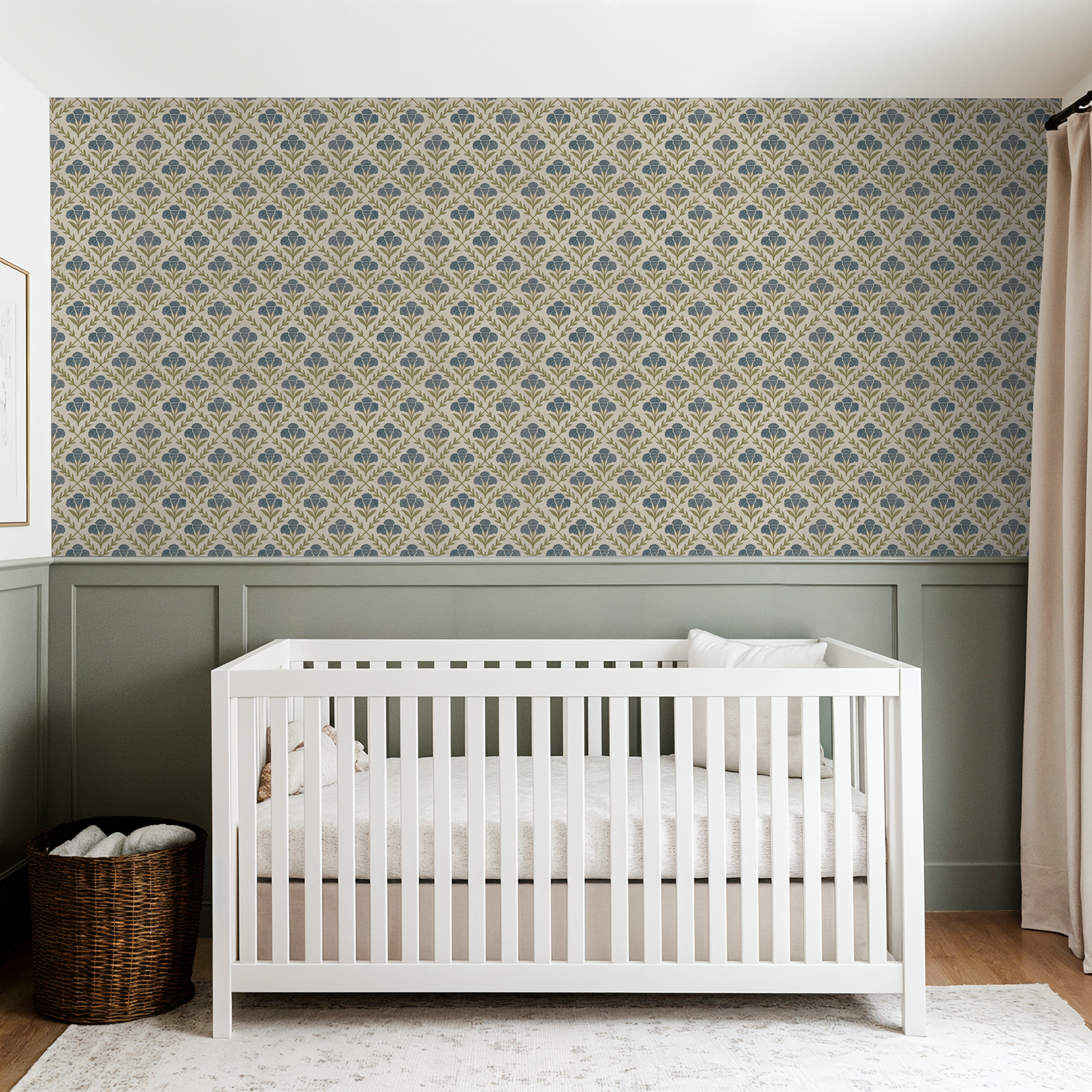 Floral wallpaper with blue and olive green pattern in a nursery with white crib.