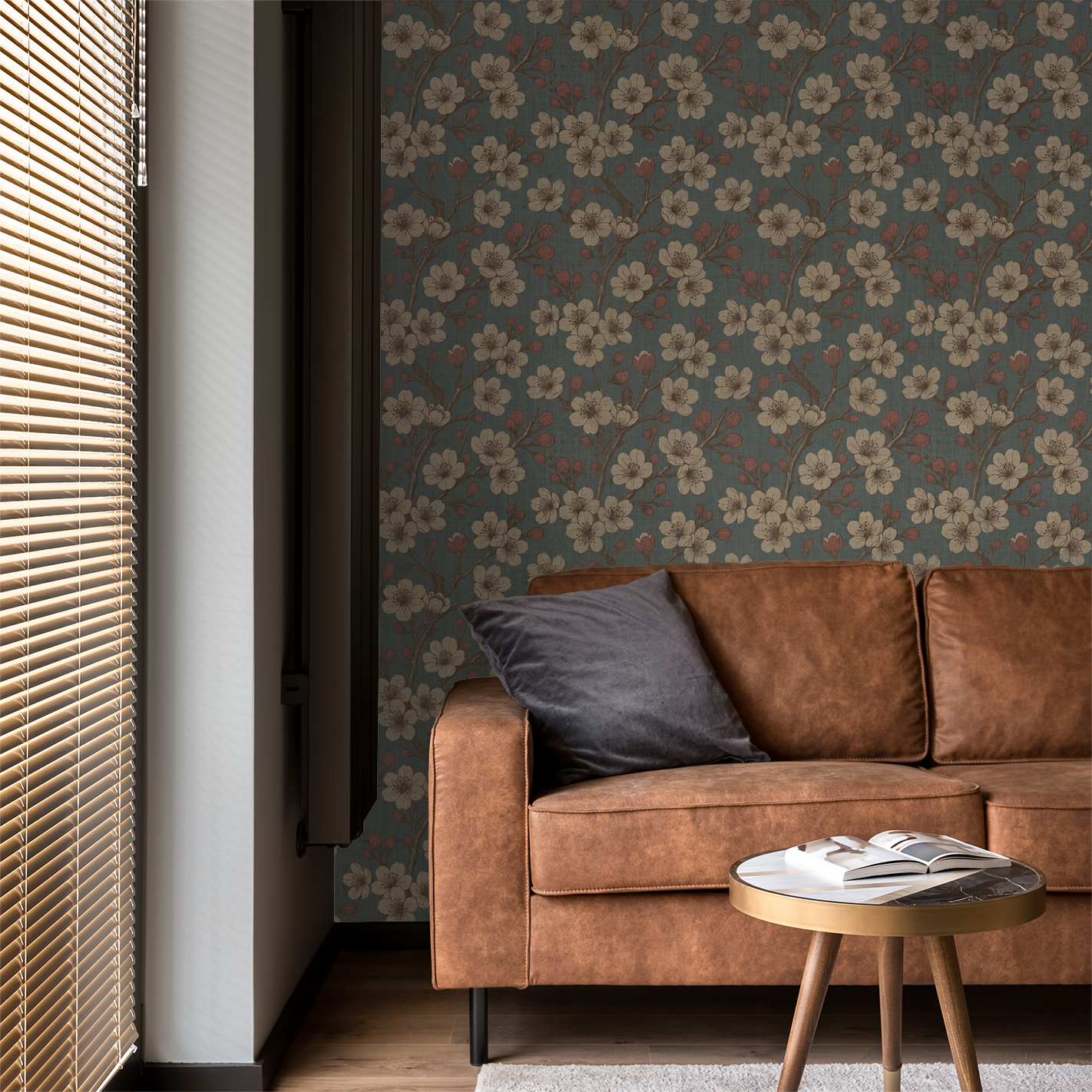 Floral Sakura wallpaper with delicate branches in cozy living room setting.