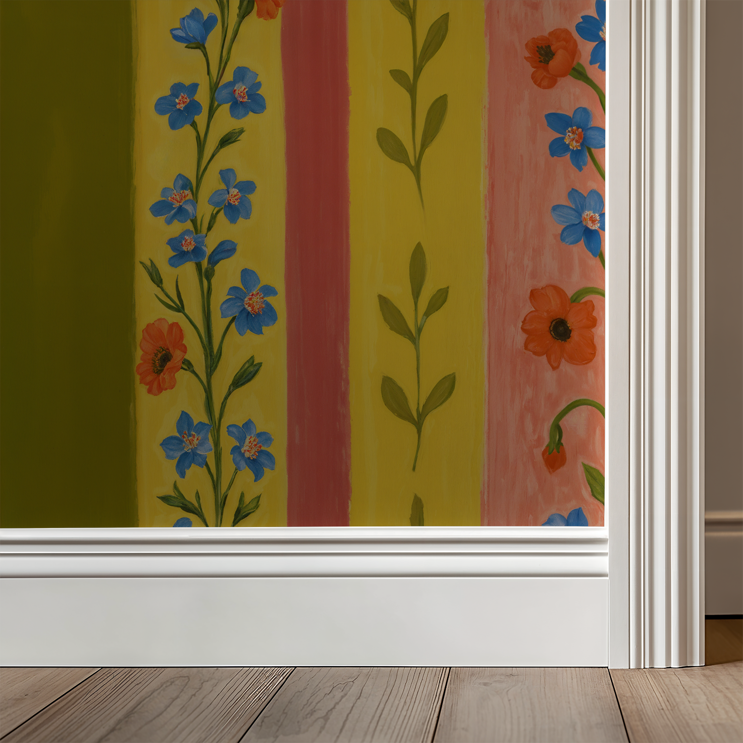 Floral striped wallpaper with olive, mustard, and coral colors featuring blue and red flowers.