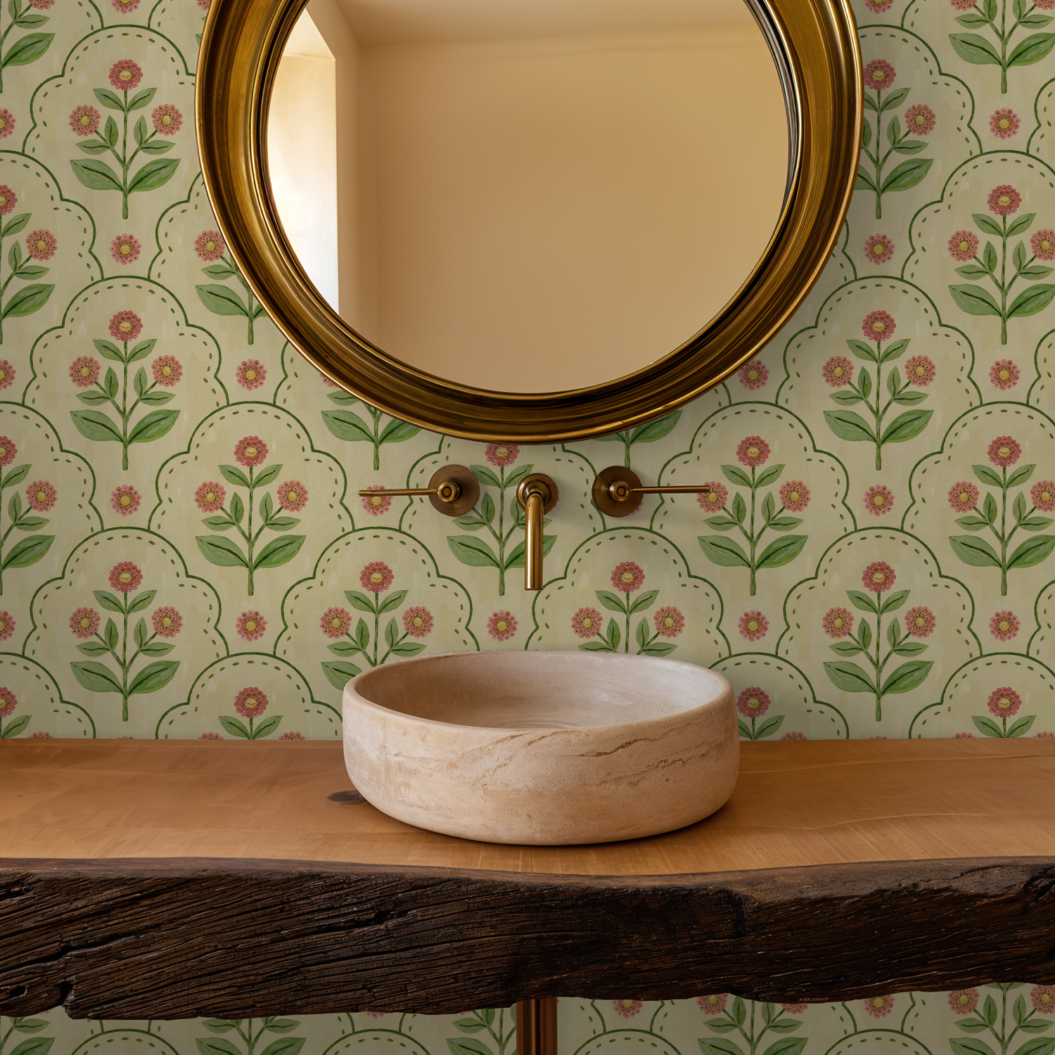 Floral wallpaper with coral and green motifs in a vintage bathroom setting.