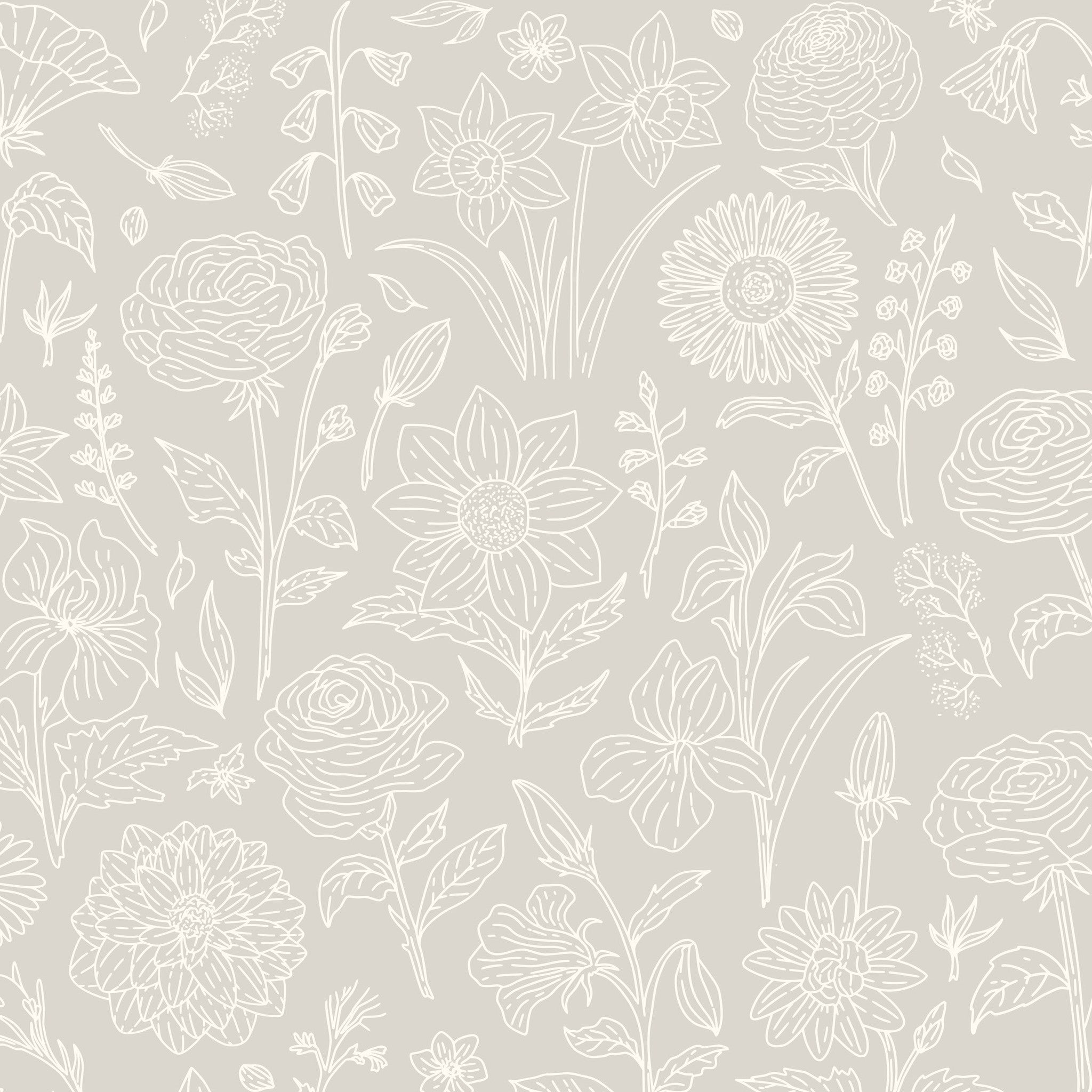 Floral wallpaper with ivory outlines on gray background, featuring roses and wildflowers.