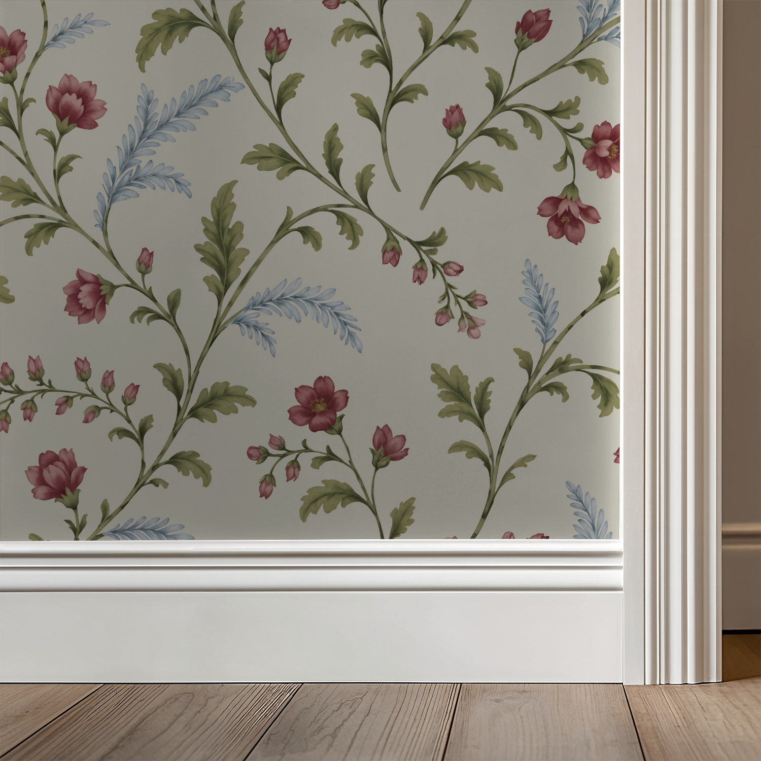 Floral wallpaper with pink blossoms and green leaves in a classic room setting.