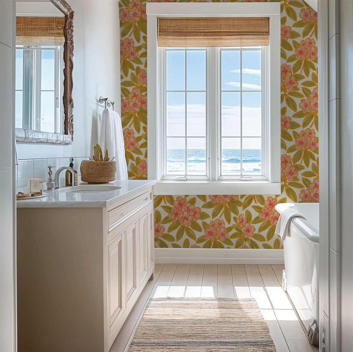 Bathroom with floral wallpaper featuring pink and green leaves, ocean view window.
