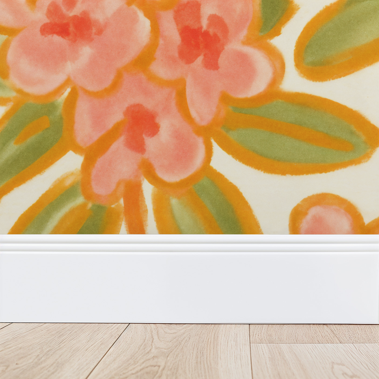 Floral wallpaper with pink and orange blooms and green leaves on a white background.