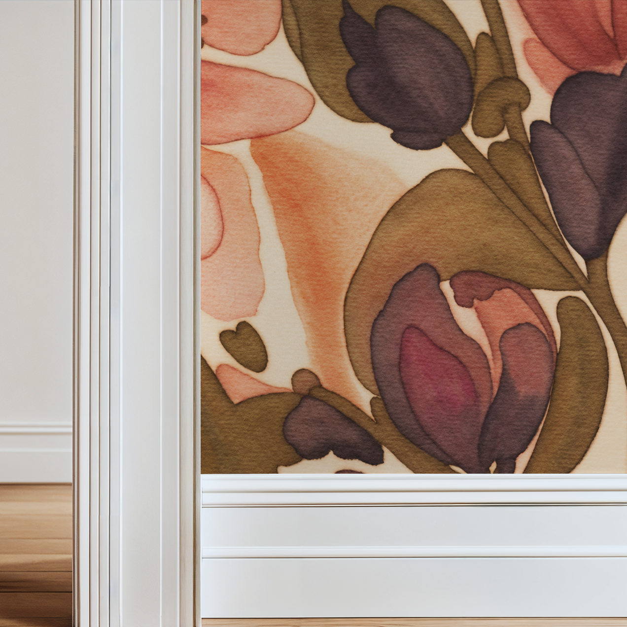 Floral wallpaper with vibrant blooms in pink and purple tones, elegant setting