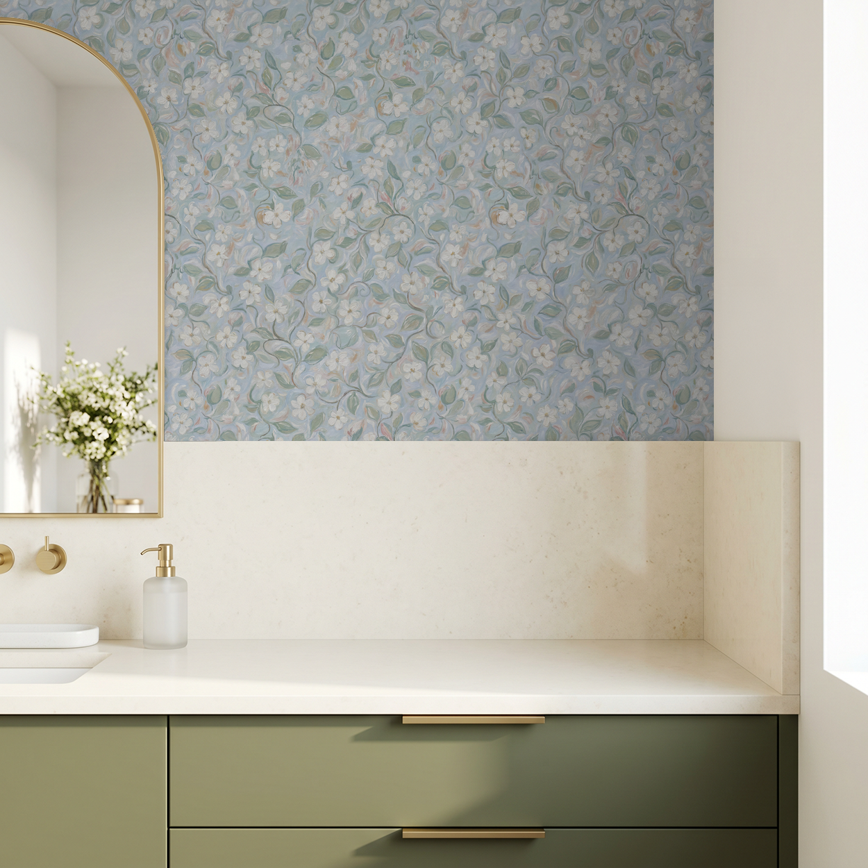 Floral wallpaper with soft blues and greens in a modern bathroom setting.