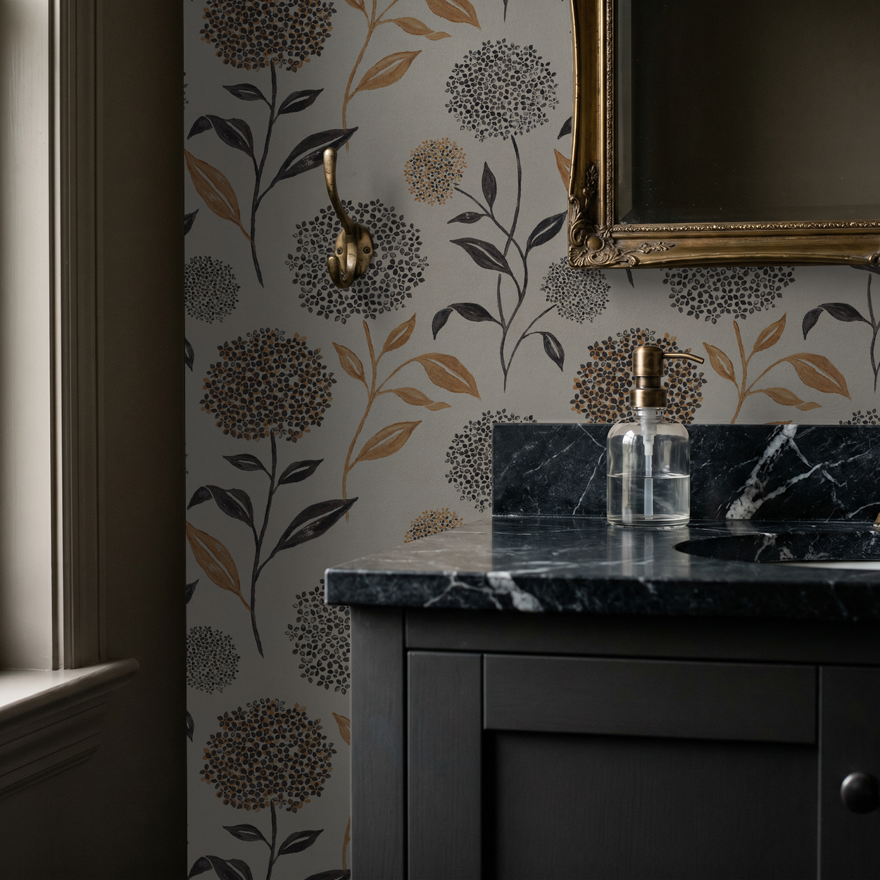 Floral wallpaper with terracotta and charcoal blooms in elegant bathroom setting.