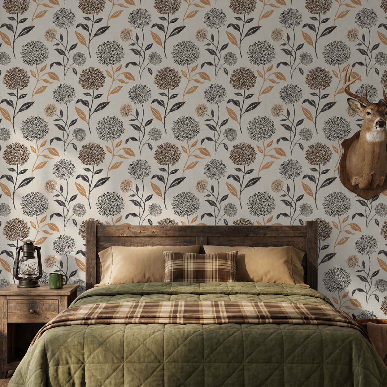 Floral wallpaper with terracotta and charcoal blooms in rustic bedroom setting.