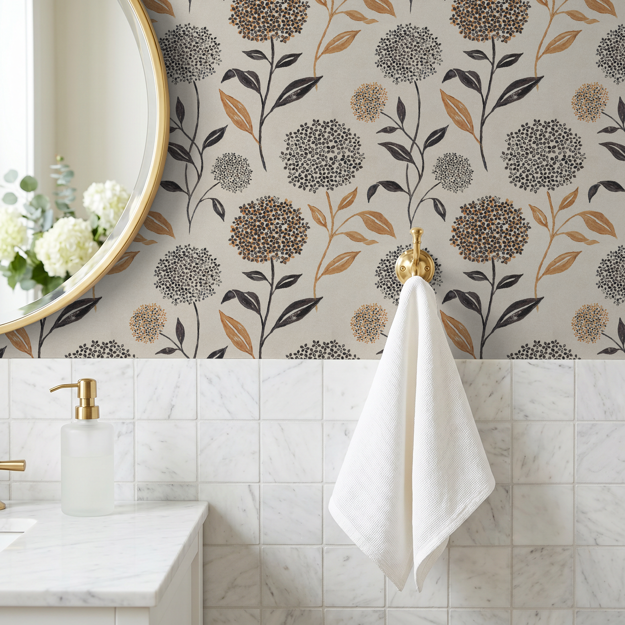 Floral wallpaper with terracotta and charcoal blooms in a bathroom setting.