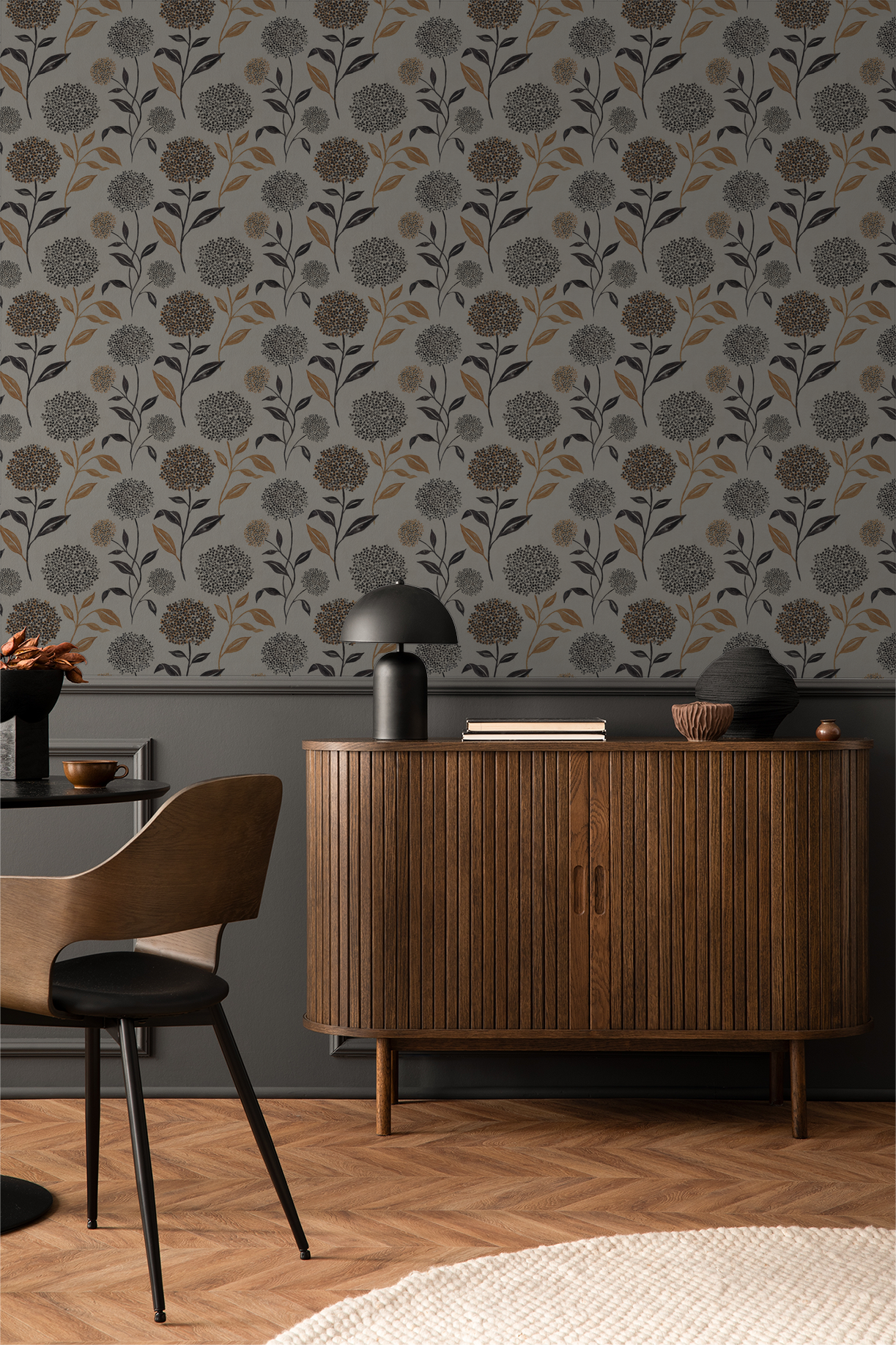 Floral wallpaper with terracotta and charcoal blooms in modern living room setting.