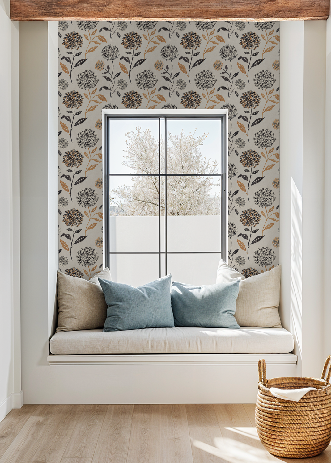 Floral wallpaper with terracotta and charcoal blooms in cozy nook with window seat.