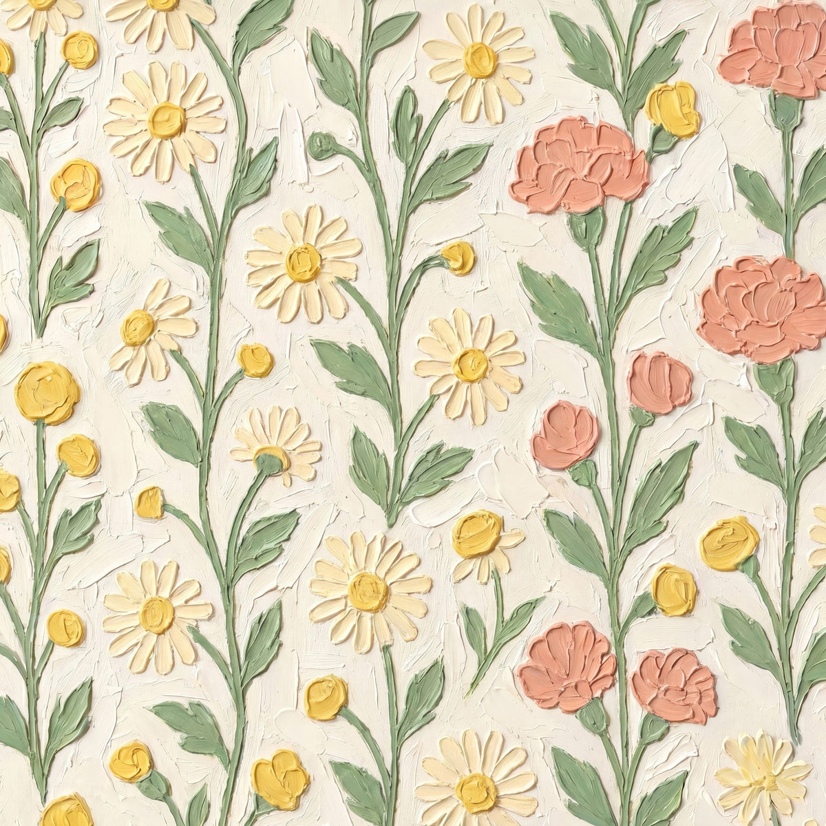 Floral wallpaper with yellow daisies, coral carnations on cream background.