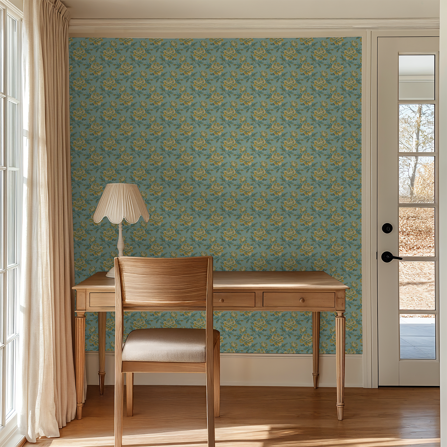 Floranza wallpaper with bold ochre florals on turquoise in a study room setting.