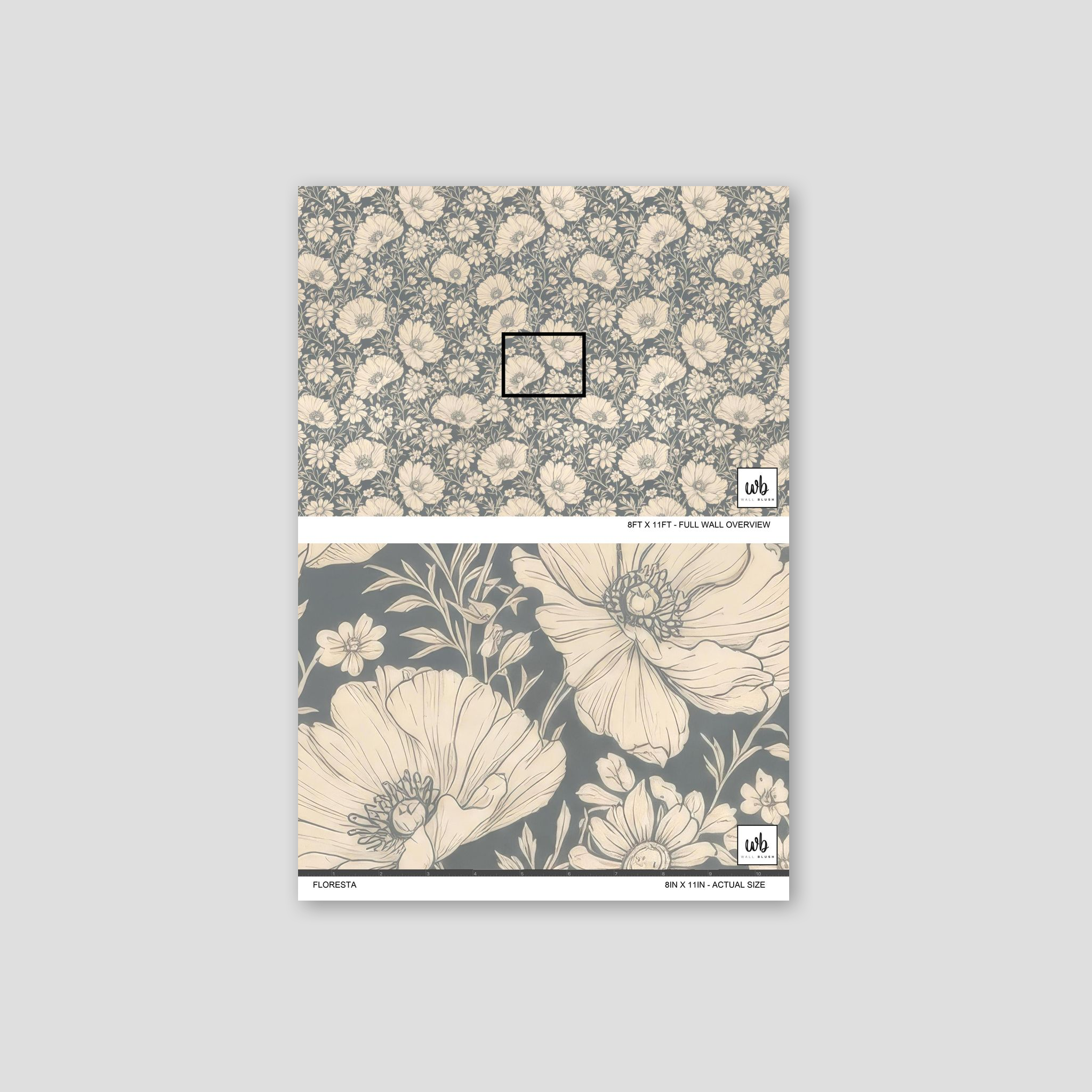 Floresta floral wallpaper with intricate beige flowers on a soft gray background.