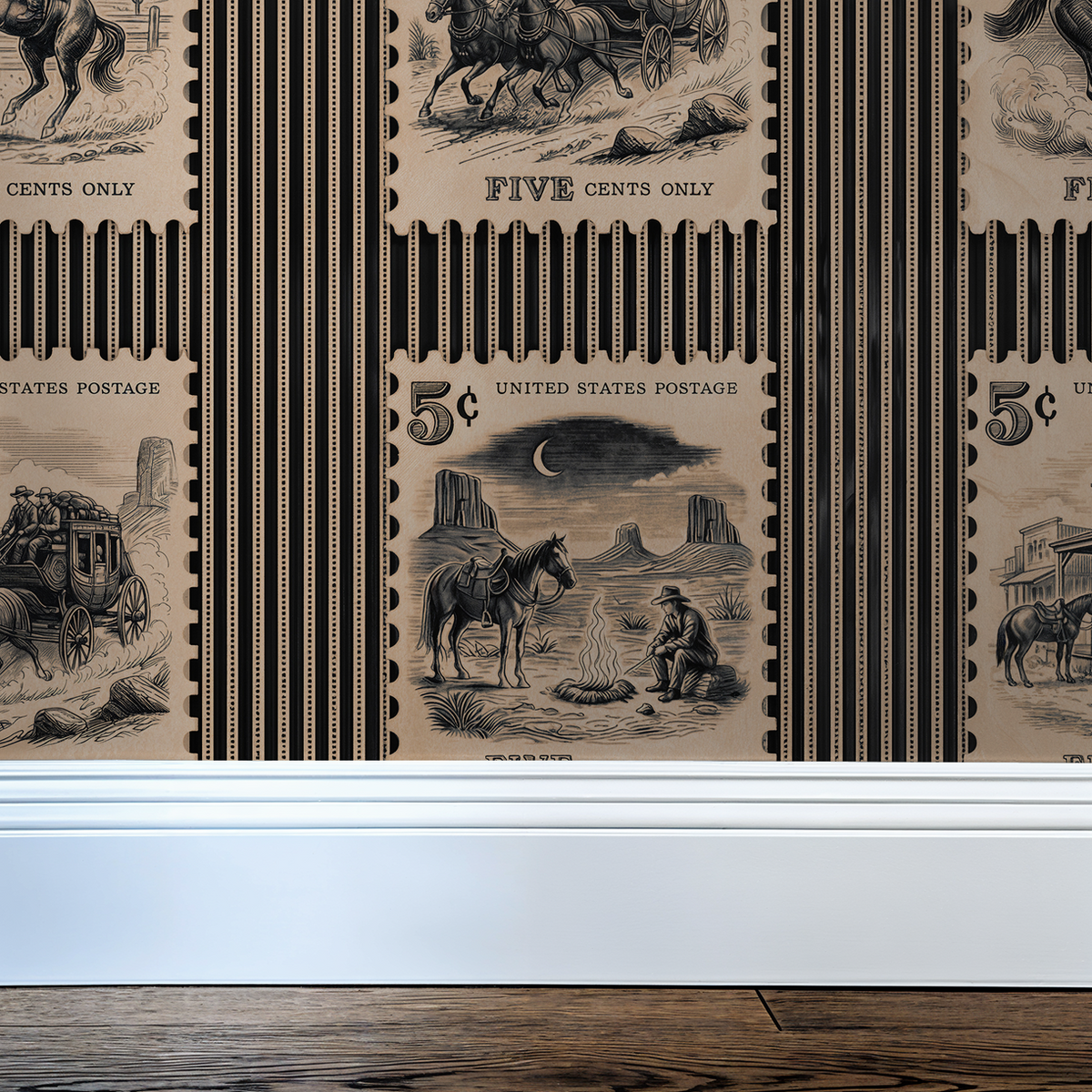Frontier Stampede wallpaper with vintage Wild West postage stamps in sepia tones and stripes.