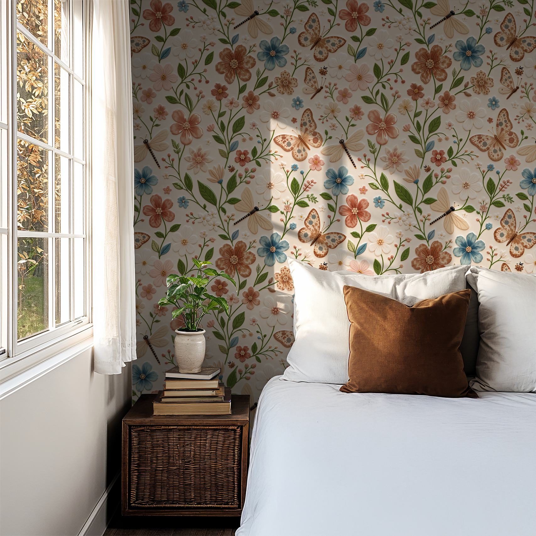 Floral wallpaper with butterflies in a sunlit bedroom, cream backdrop, pink and blue flowers.