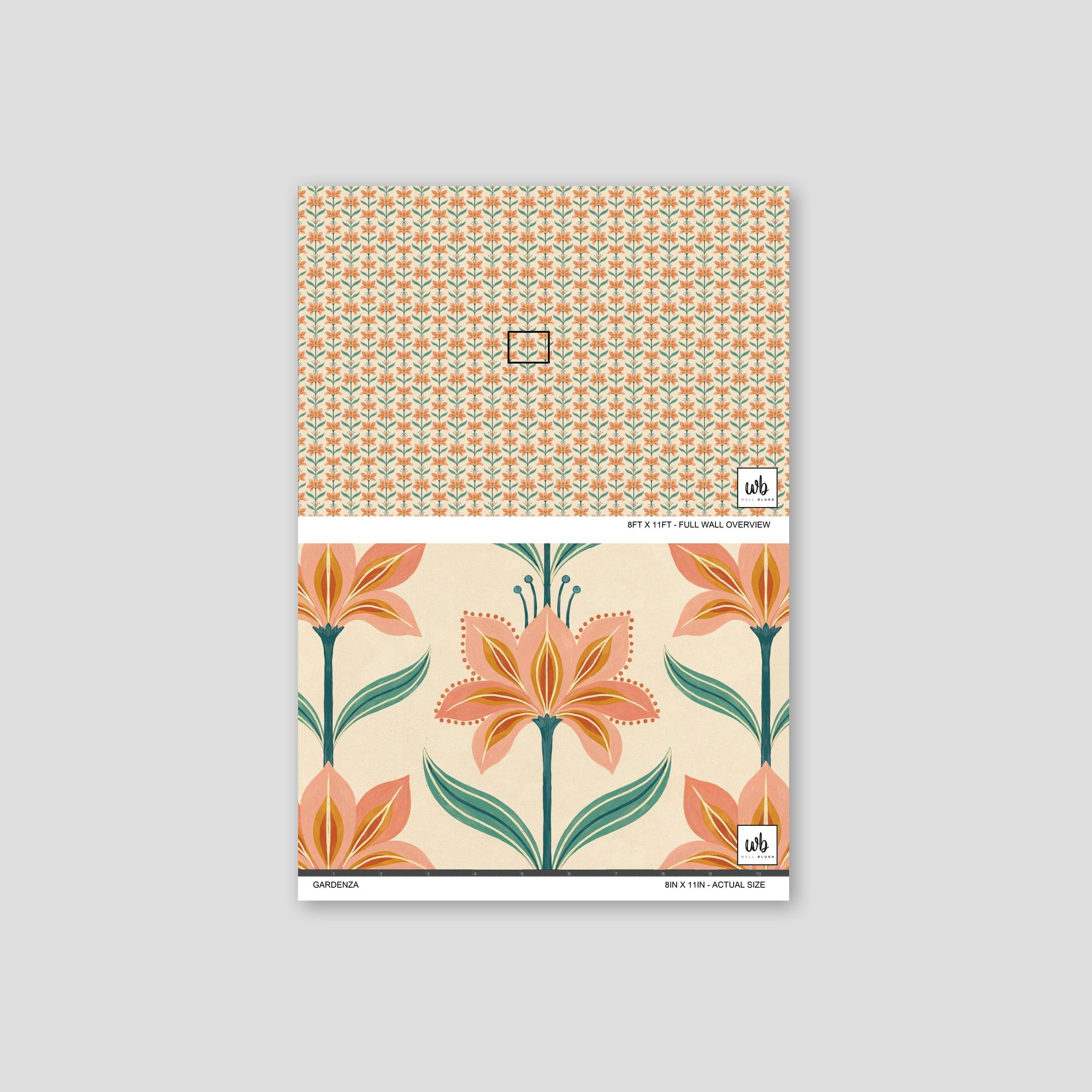 Gardenza wallpaper with coral petals and teal accents on a cream background.
