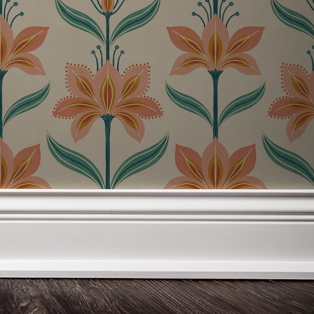 Gardenza wallpaper with coral petals and teal leaves on creamy background