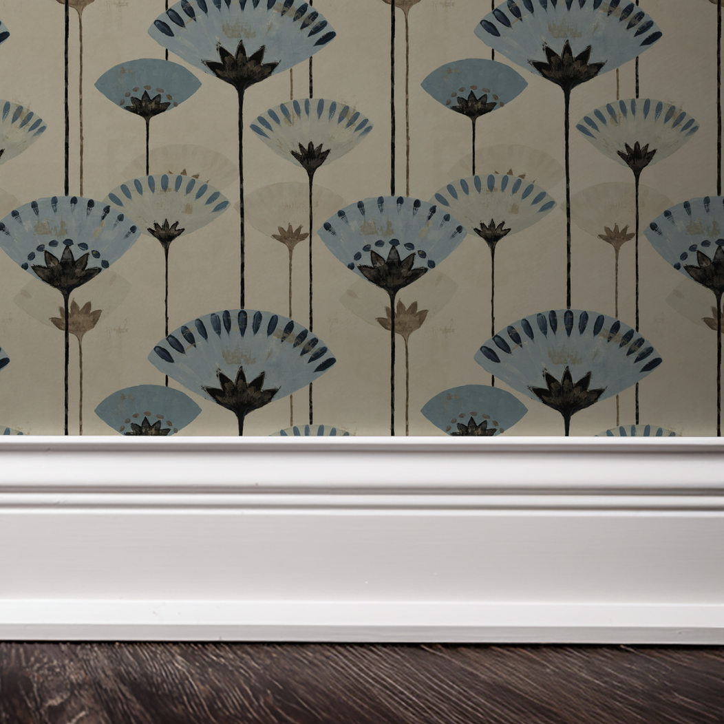Gilded Petals wallpaper with blue and charcoal floral pattern on beige background.
