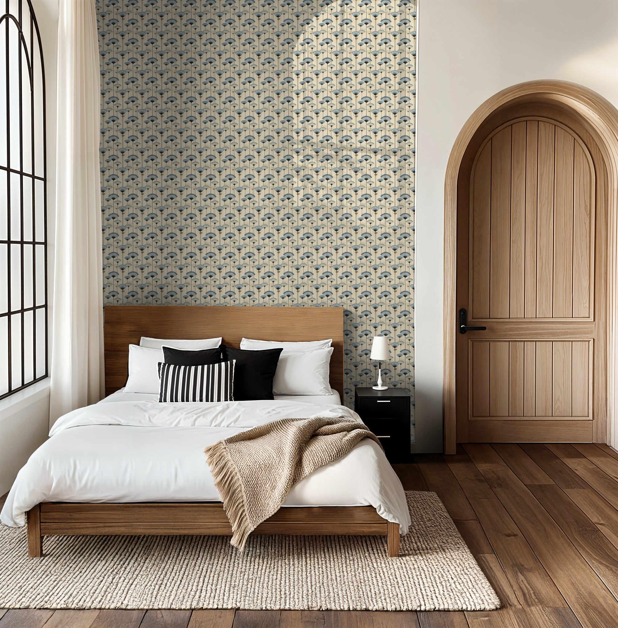 Gilded Petals wallpaper with blue and charcoal floral pattern in a modern bedroom setting.
