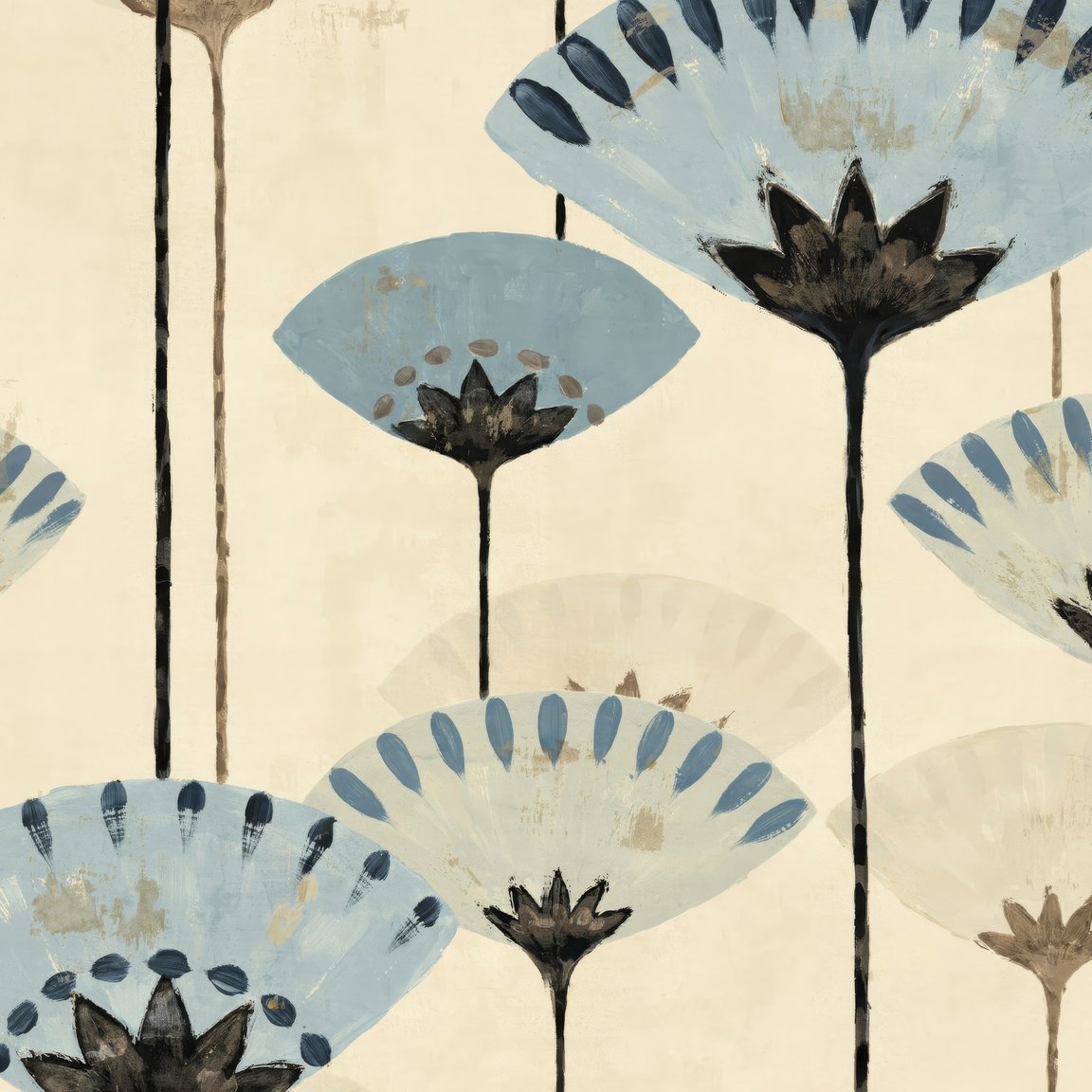 Gilded Petals wallpaper with blue and charcoal floral design on beige background