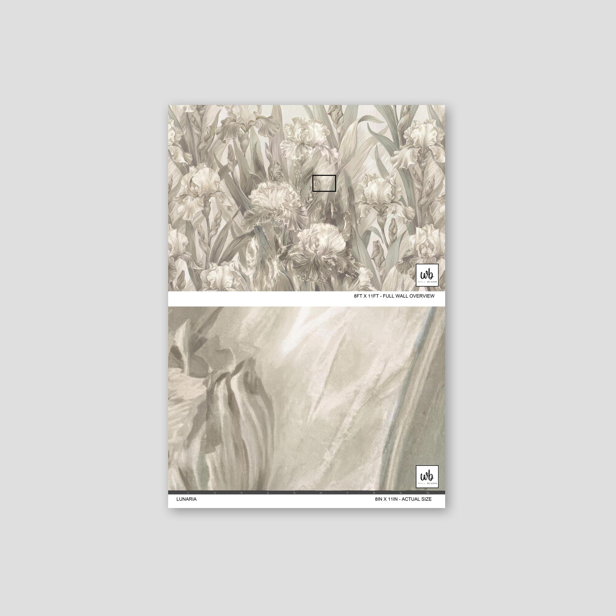 Floral wallpaper with irises and greenery in muted tones, elegant and serene.