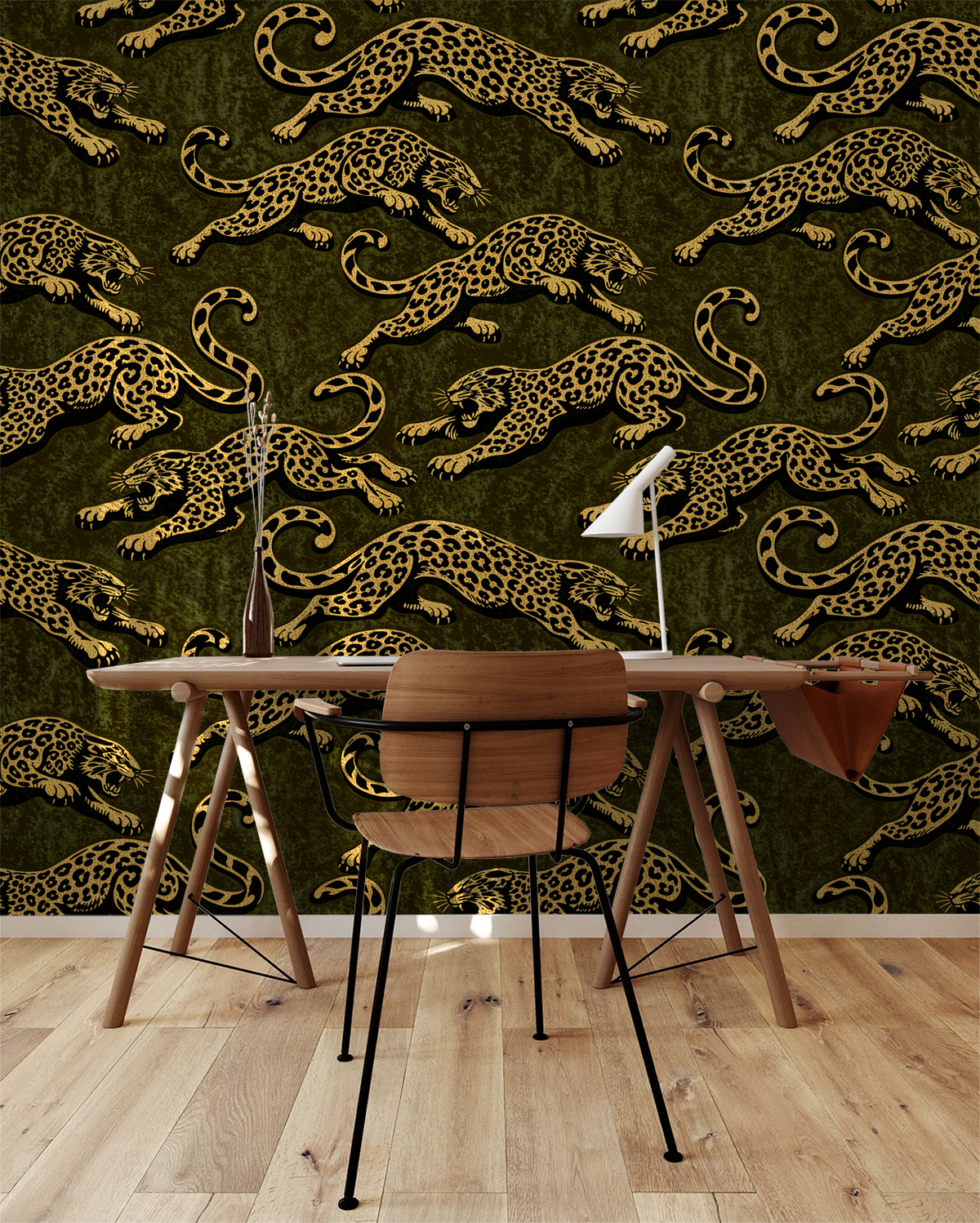Gold leopard wallpaper on green background in modern office setting.