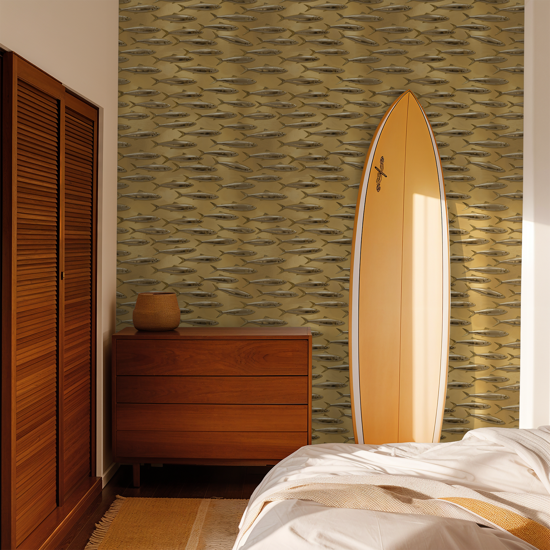 Golden fish pattern wallpaper in a modern bedroom with surfboard and wooden furniture.