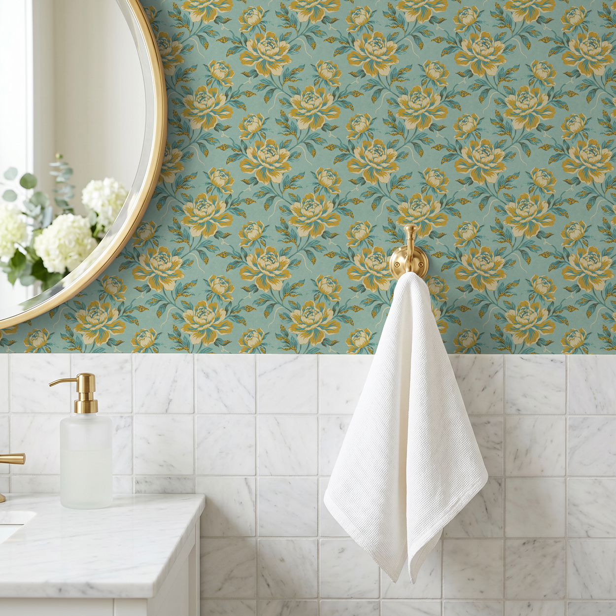 Floral wallpaper with golden ochre and teal flowers on turquoise in bathroom setting.