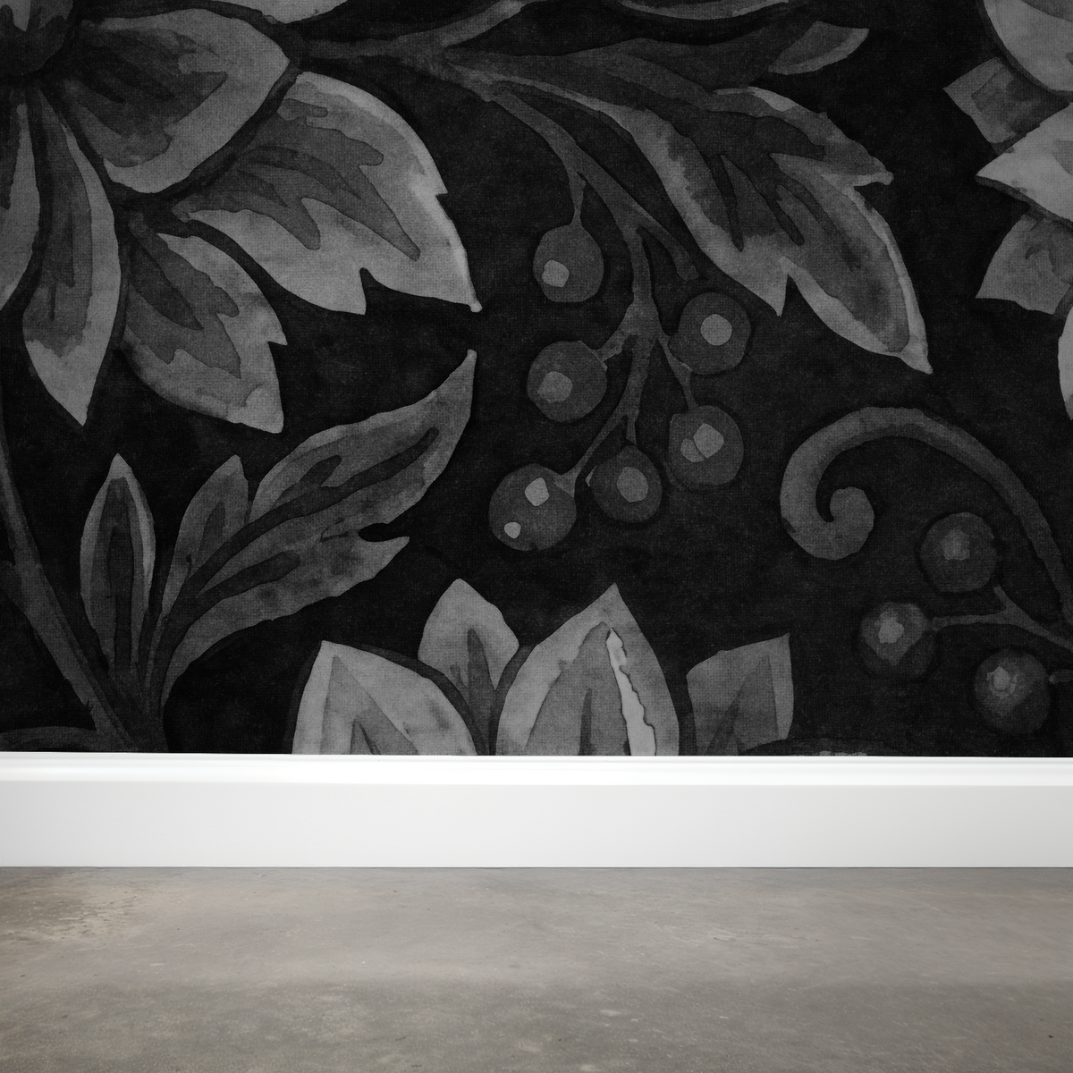 Gray floral wallpaper with large leaves and berries on a dark background.