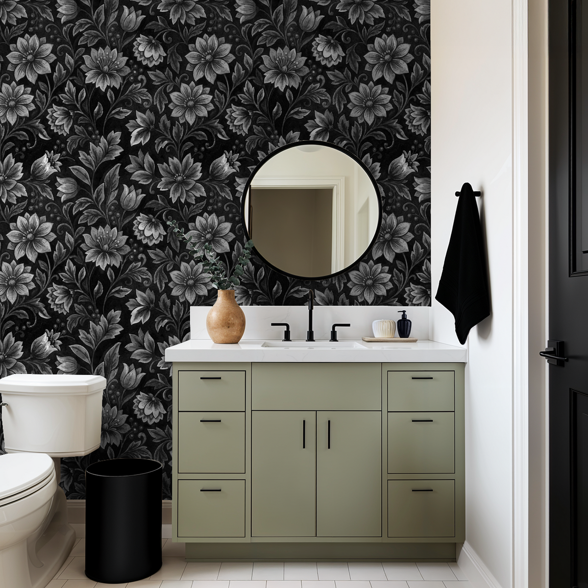 Gray floral wallpaper with intricate botanical design in modern bathroom.