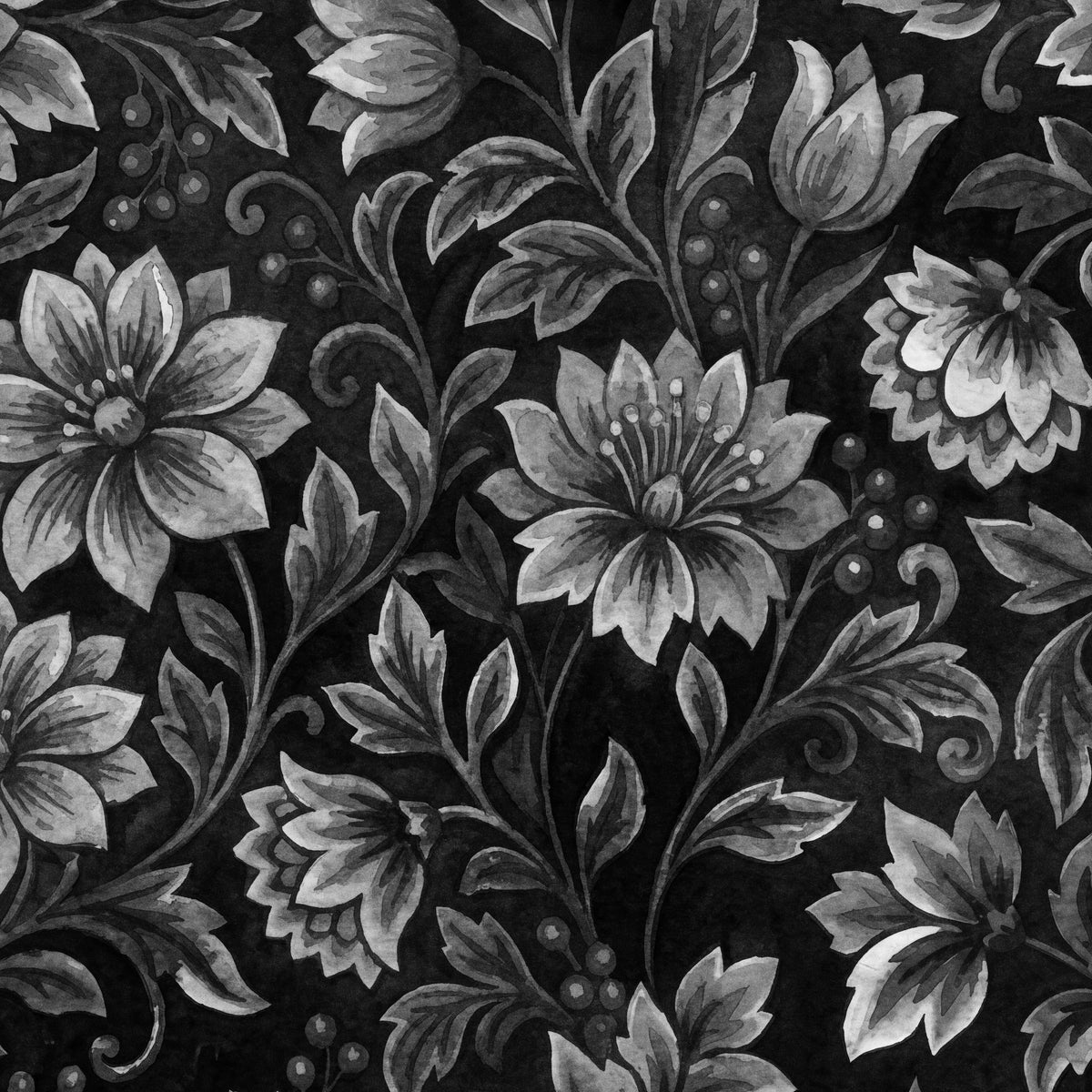 Gray floral wallpaper with intricate botanical patterns on a dark background.