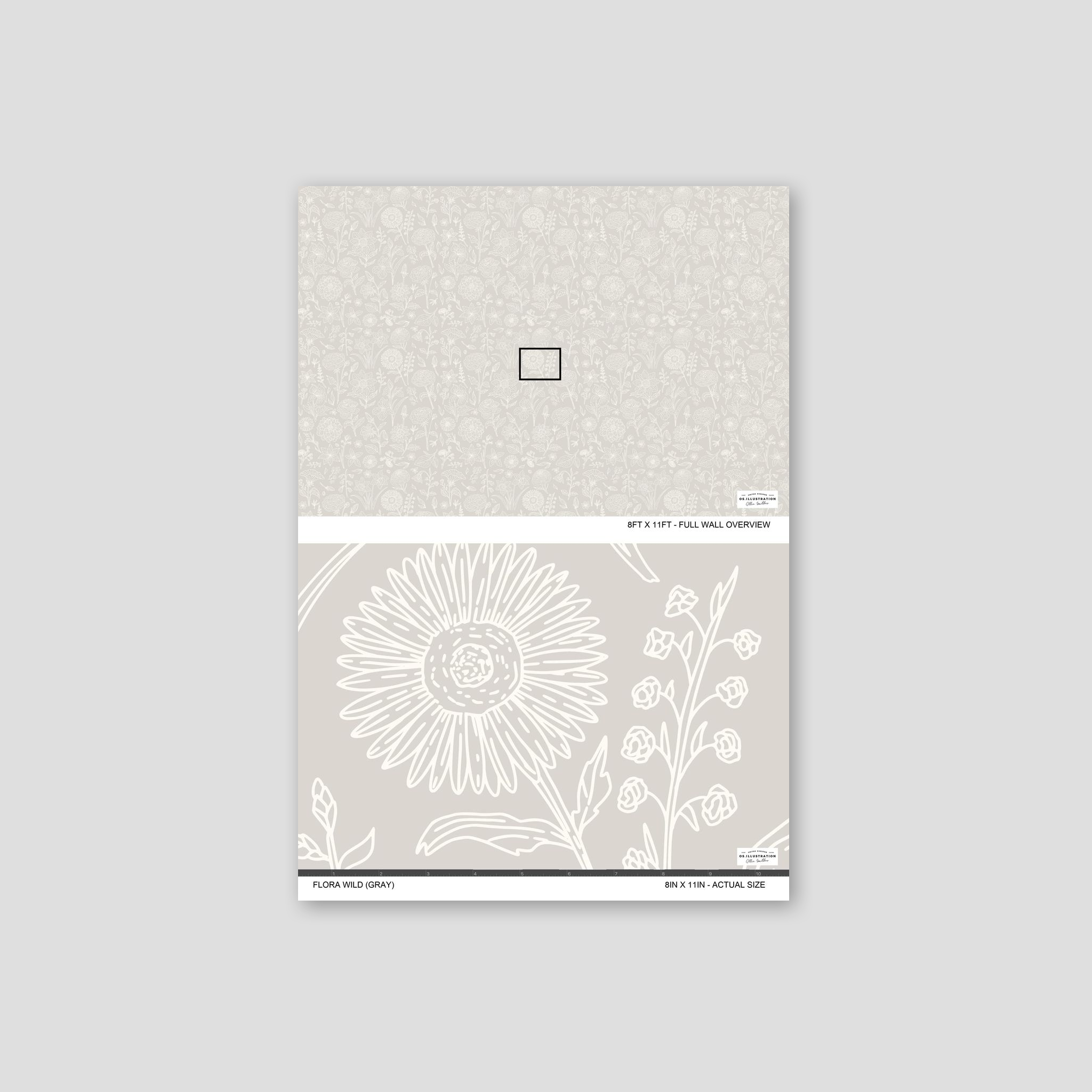 Gray floral wallpaper with ivory botanical outlines, featuring detailed flowers and leaves.