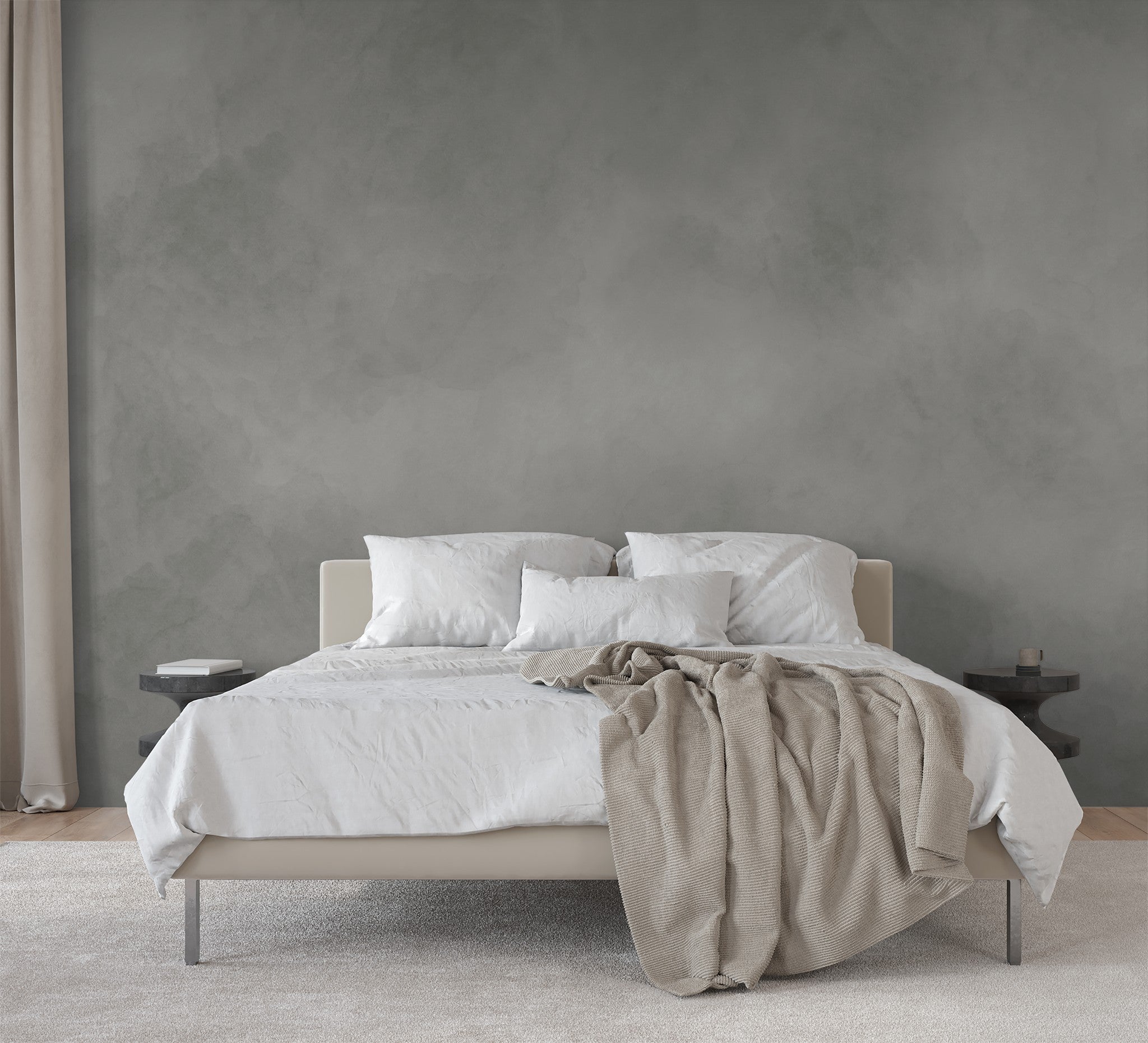 Gray textured wallpaper in modern bedroom with white bedding and neutral decor.