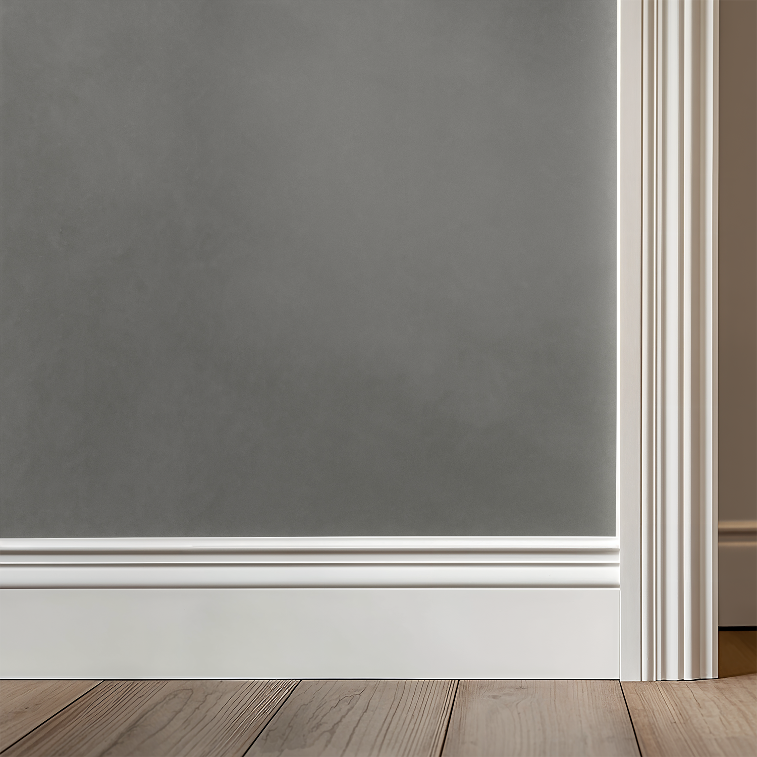 Gray textured wallpaper with white trim and wooden floor in modern room.