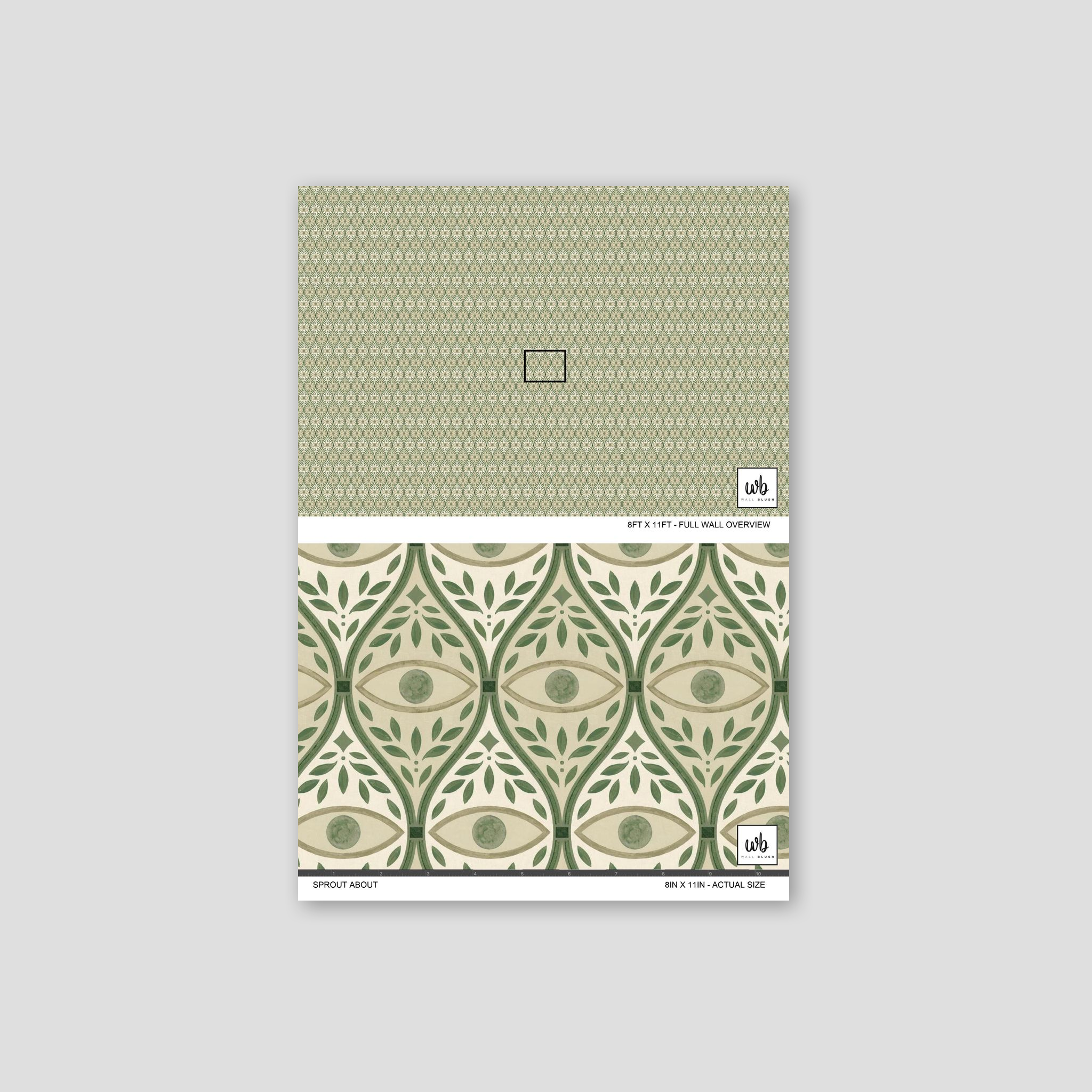 Green botanical wallpaper with geometric leaf pattern on sample sheet.