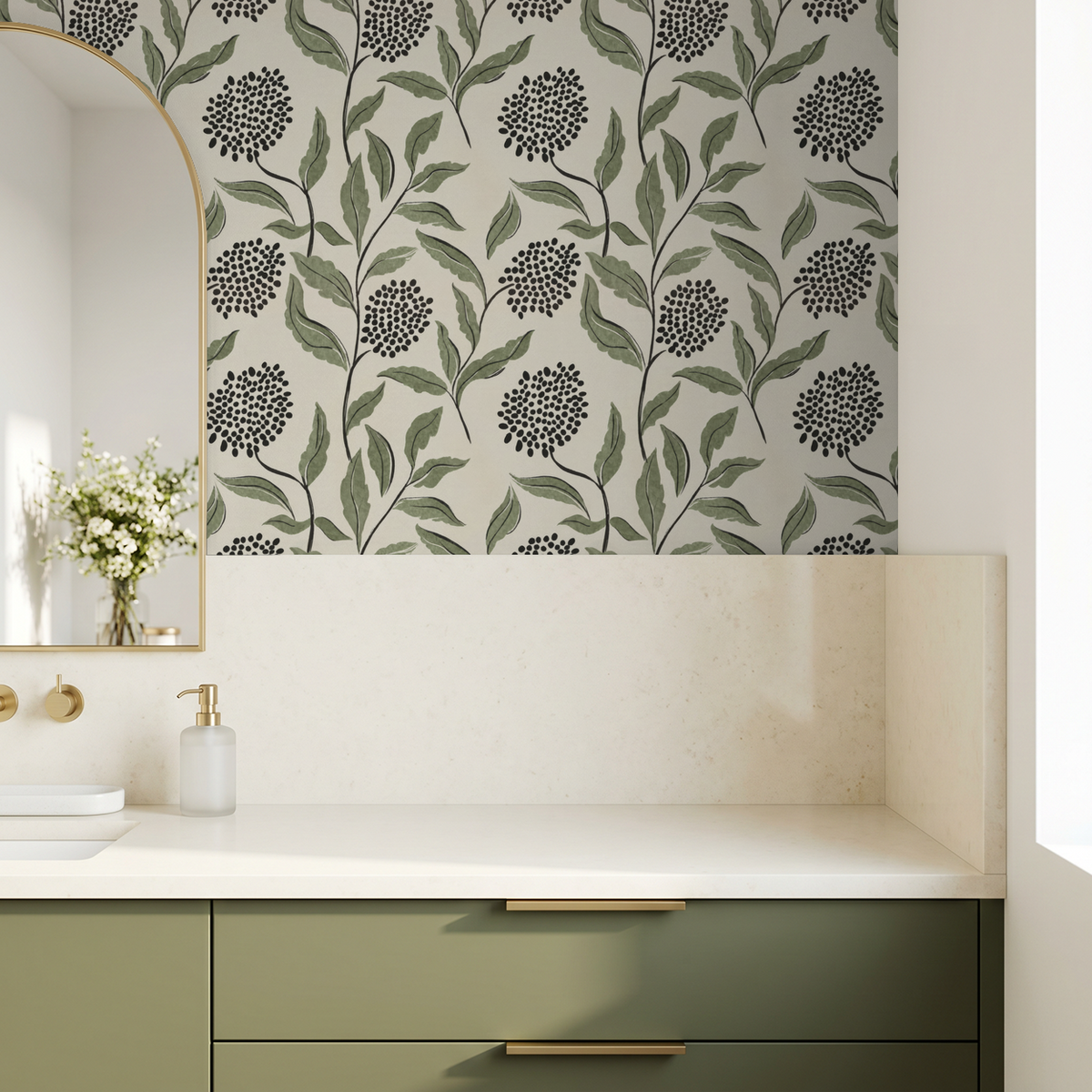Green botanical wallpaper with sage leaves and charcoal dots in modern bathroom.