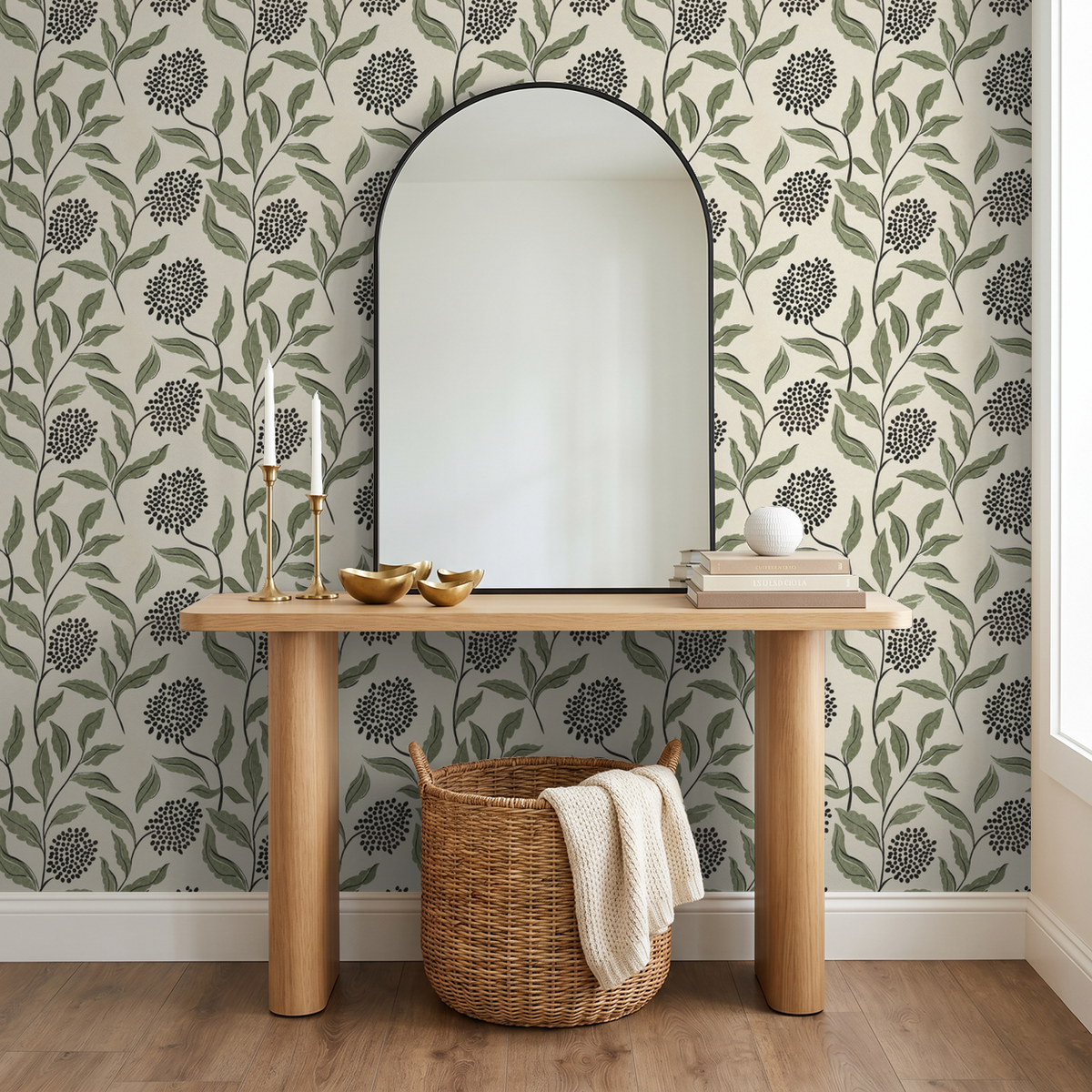 Green botanical wallpaper with sage leaves and charcoal dots in modern entryway.