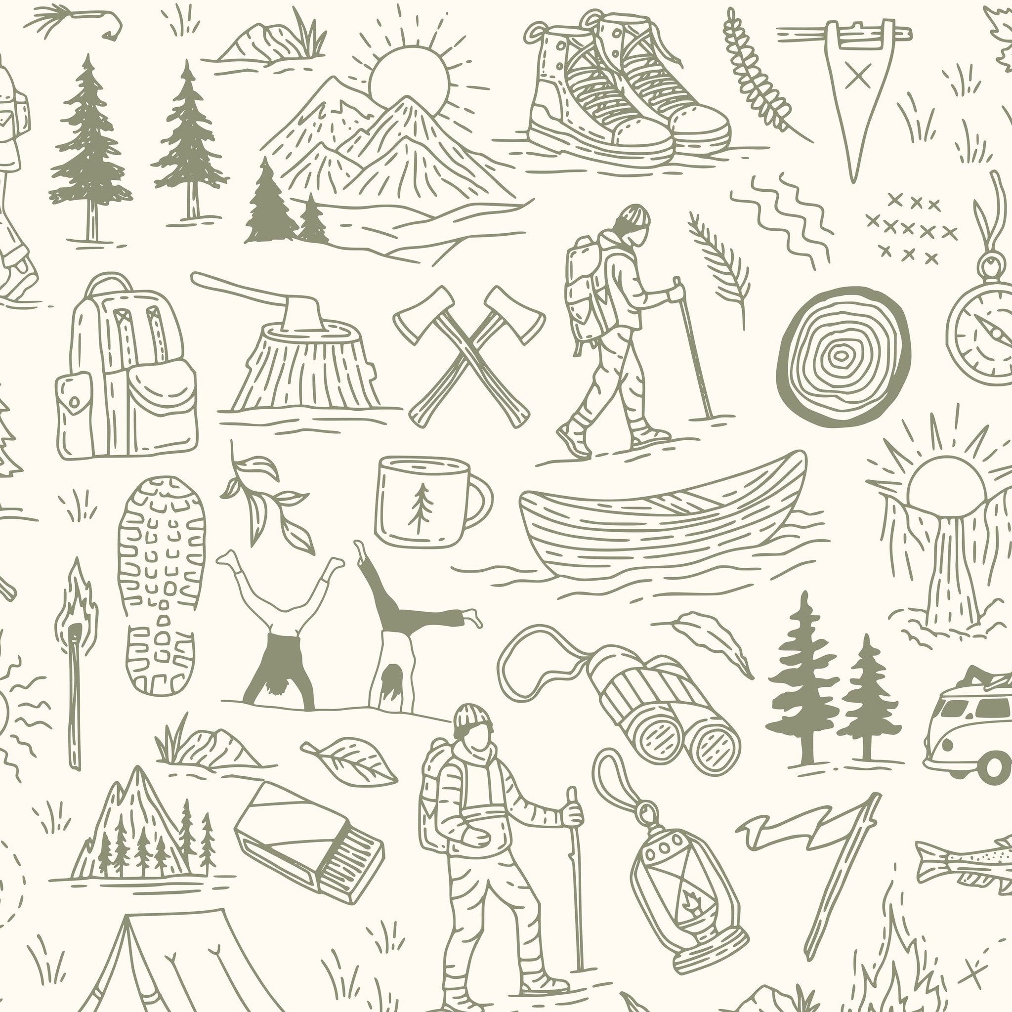 Green and cream adventure-themed wallpaper with nature sketches.