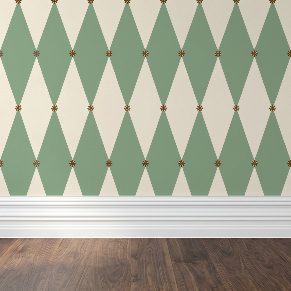 Green and cream diamond pattern wallpaper in a modern room setting.