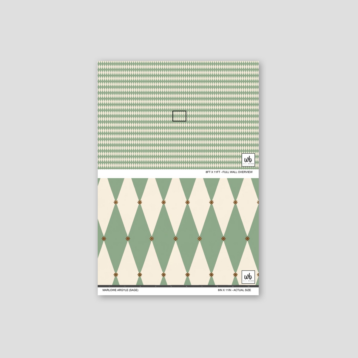 Green and cream diamond pattern wallpaper sample, Marlowe Argyle Sage.