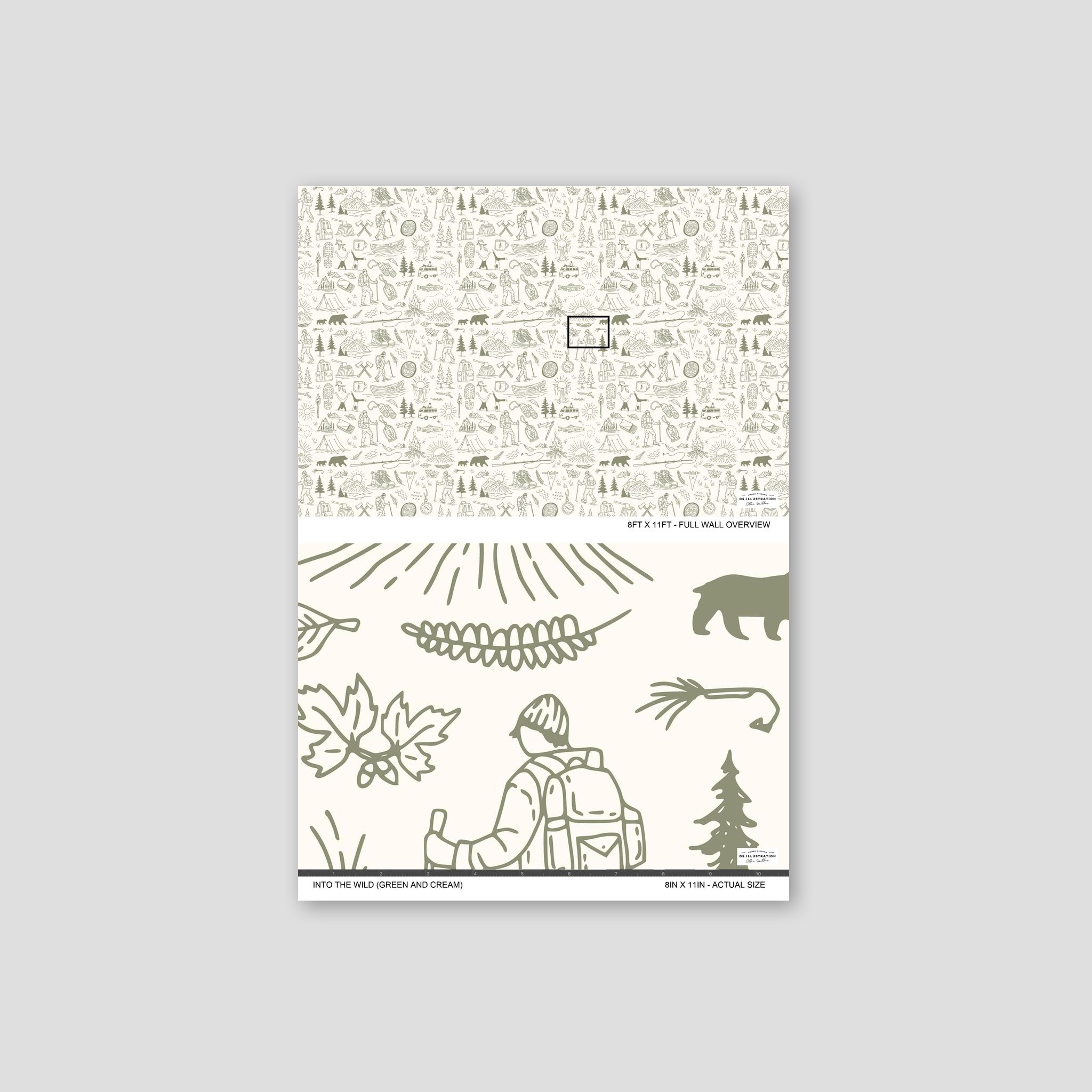 Green and cream nature-themed wallpaper with hiking and wilderness illustrations.