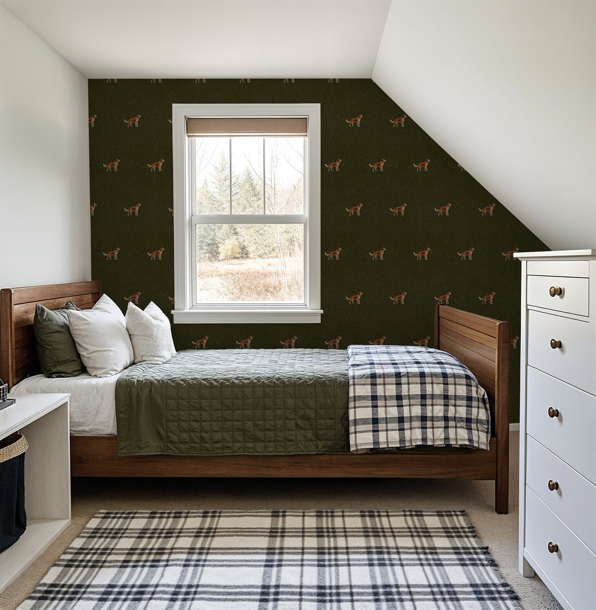 Green wallpaper with dog and foliage pattern in cozy bedroom setting.